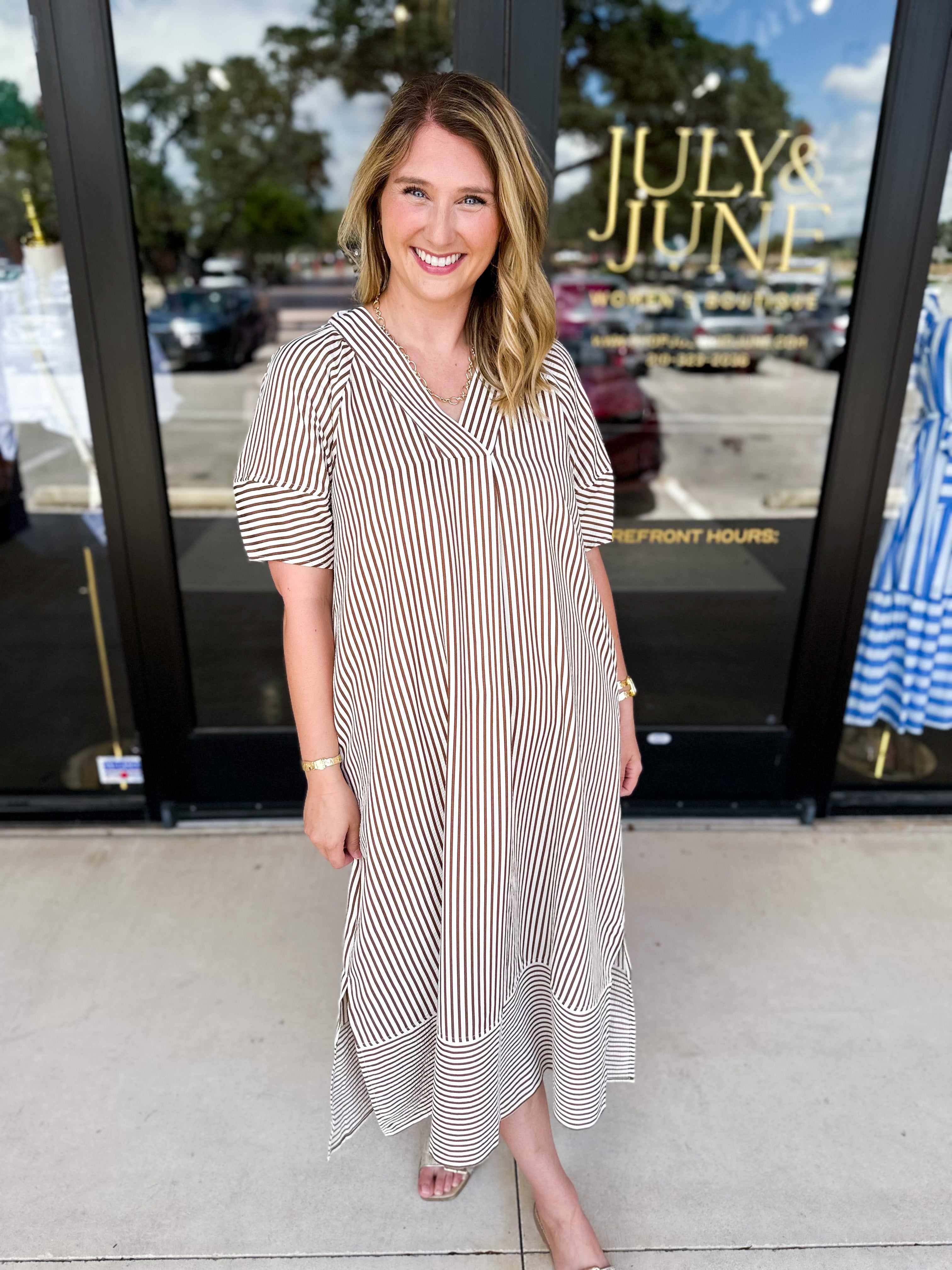 The Casey Midi Dress - Brown-500 Midi-ENTRO-July & June Women's Fashion Boutique Located in San Antonio, Texas