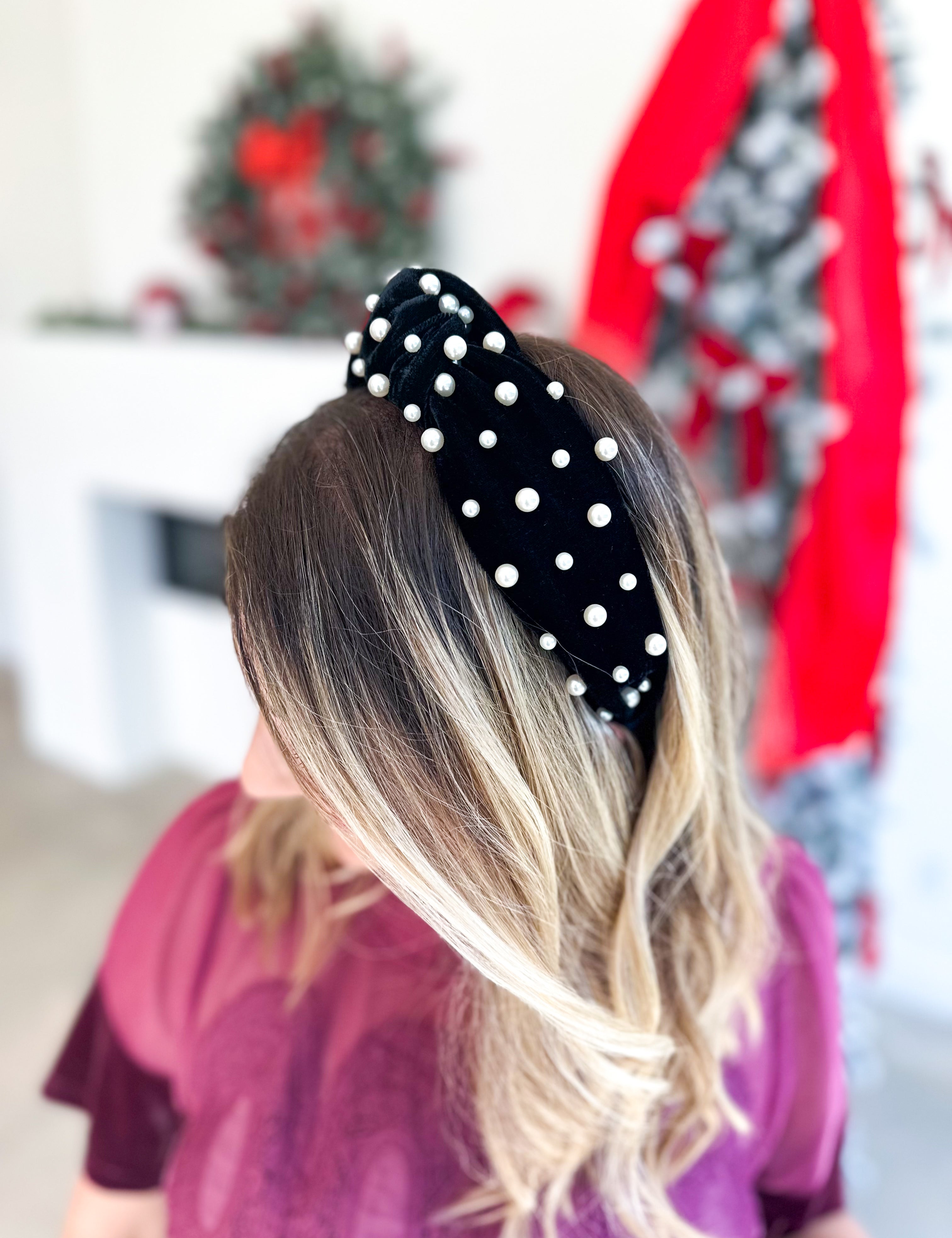 Velvet & Pearls Knotted Headband - Black-130 ACCESSORIES-SHIRALEAH-July & June Women's Fashion Boutique Located in San Antonio, Texas