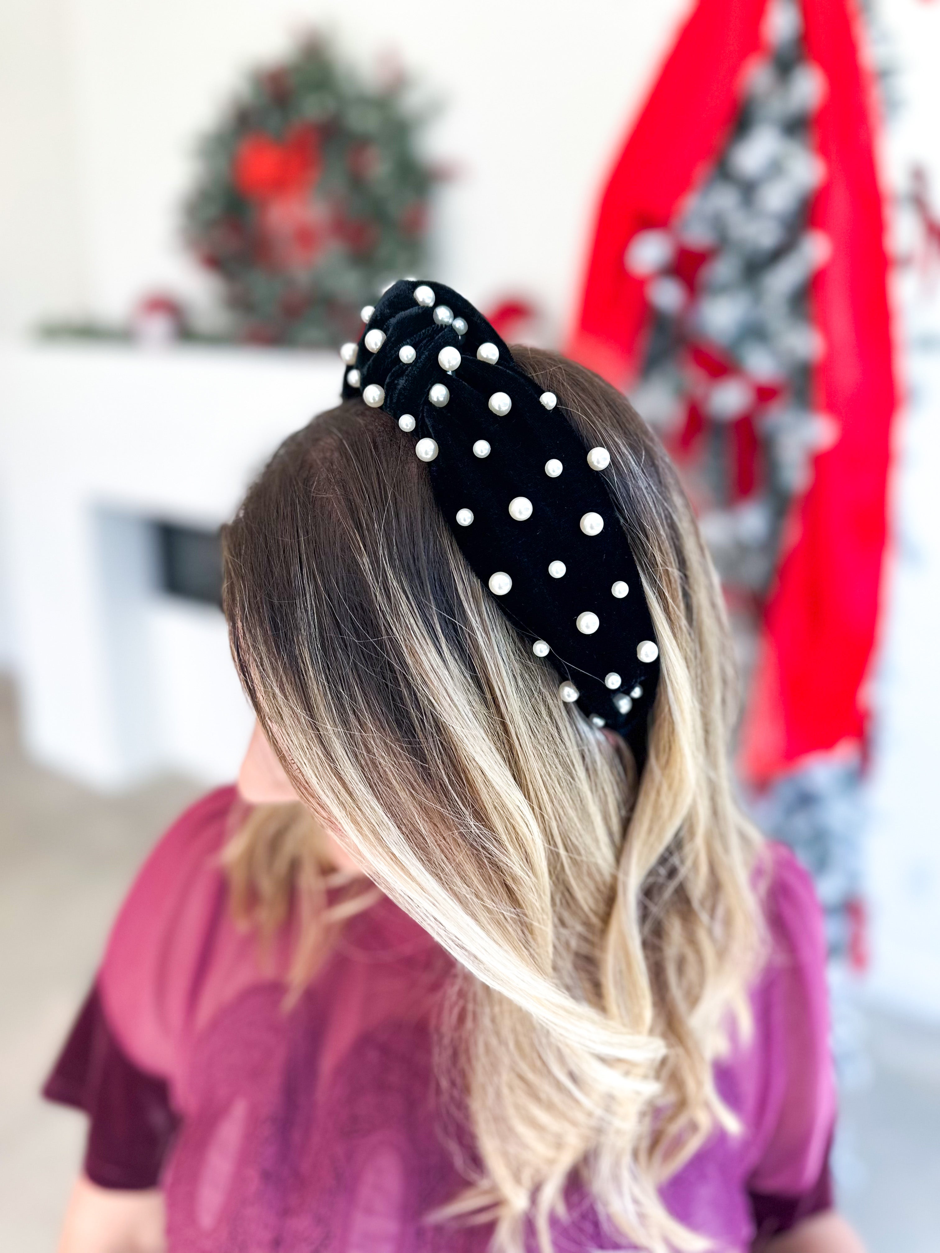 Velvet & Pearls Knotted Headband - Black-130 ACCESSORIES-SHIRALEAH-July & June Women's Fashion Boutique Located in San Antonio, Texas