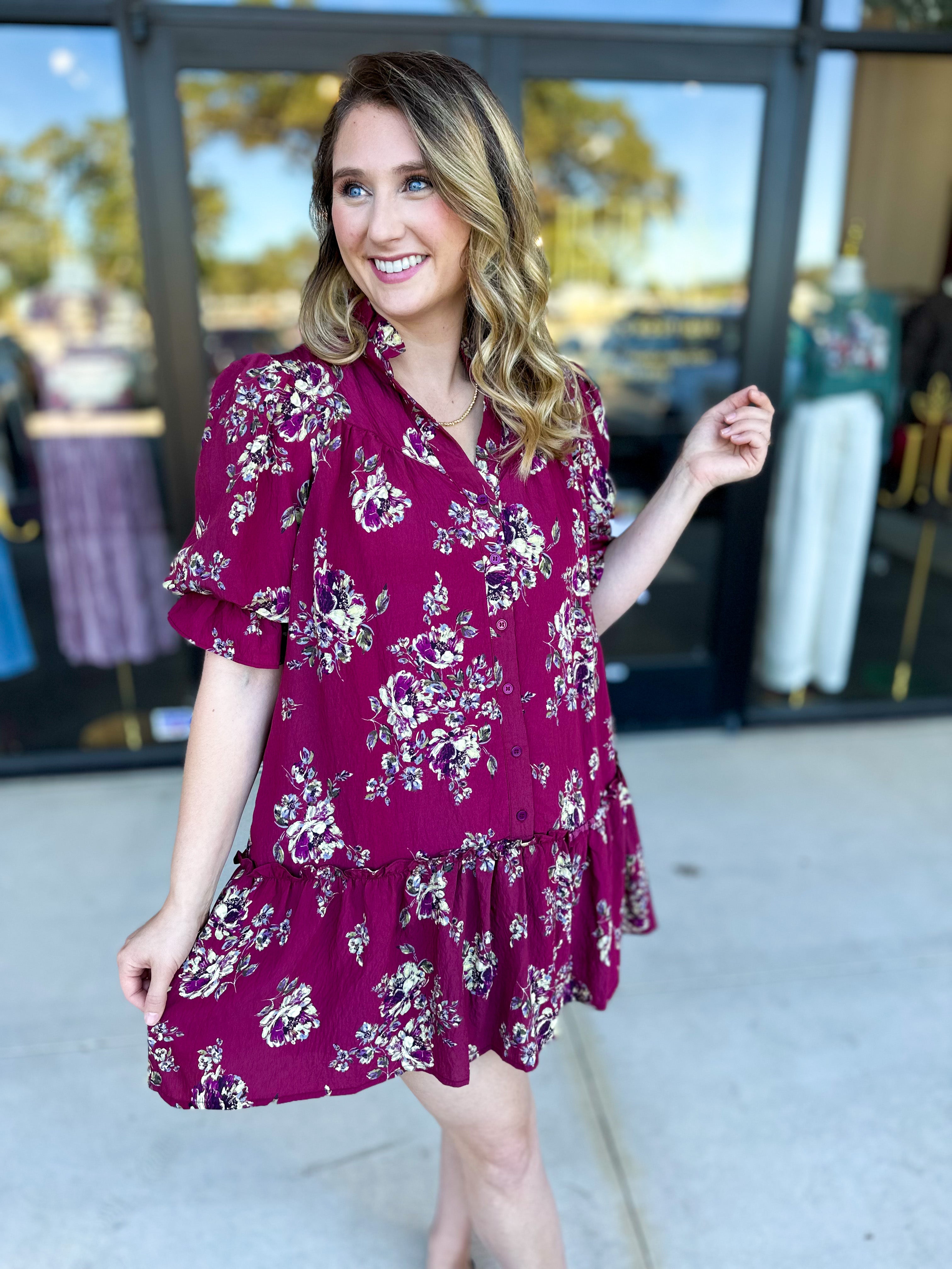 Red Plum Floral Mini Dress-510 Mini-FATE-July & June Women's Fashion Boutique Located in San Antonio, Texas