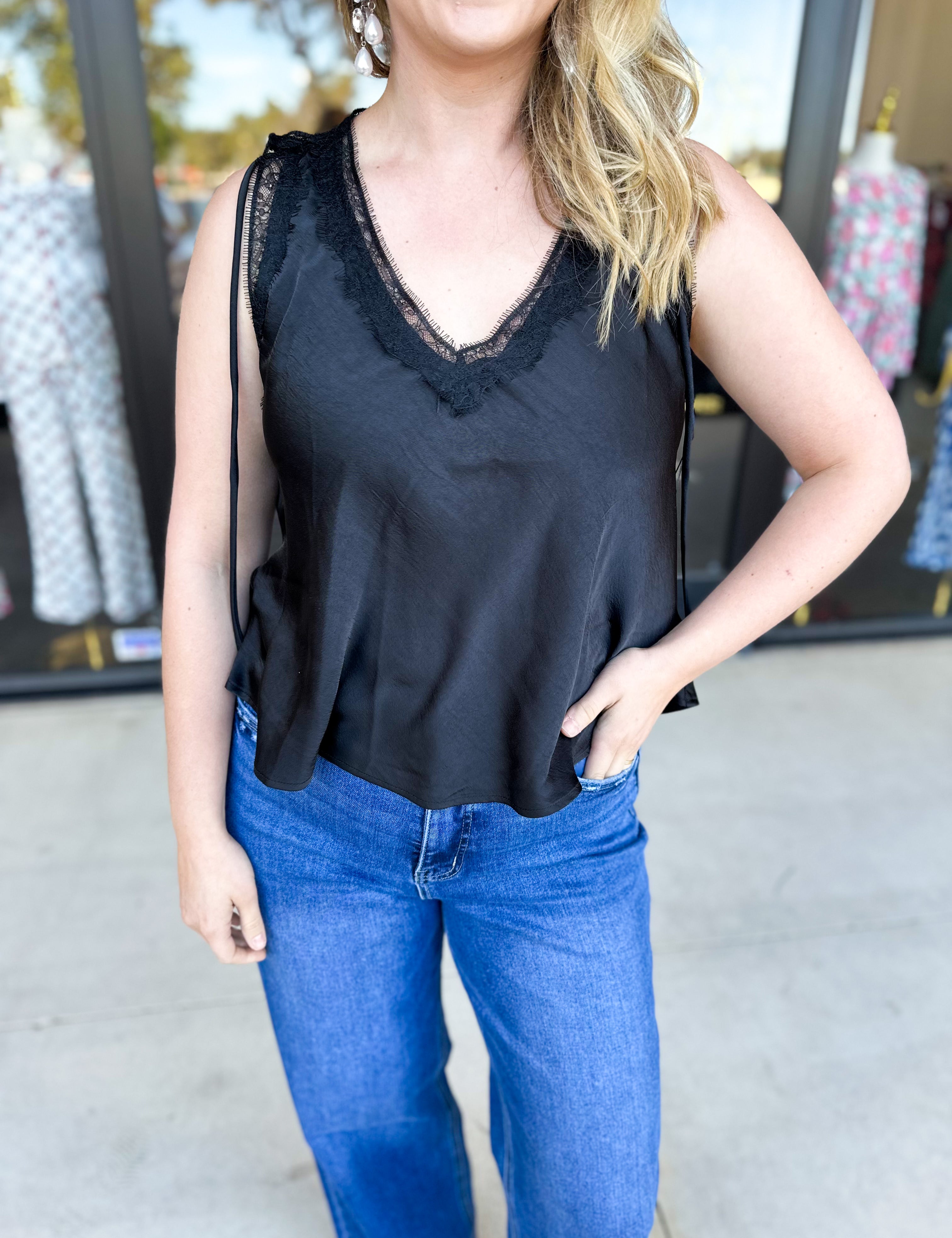 V-Neck Lacy Cami-200 Fashion Blouses-SKIES ARE BLUE-July & June Women's Fashion Boutique Located in San Antonio, Texas