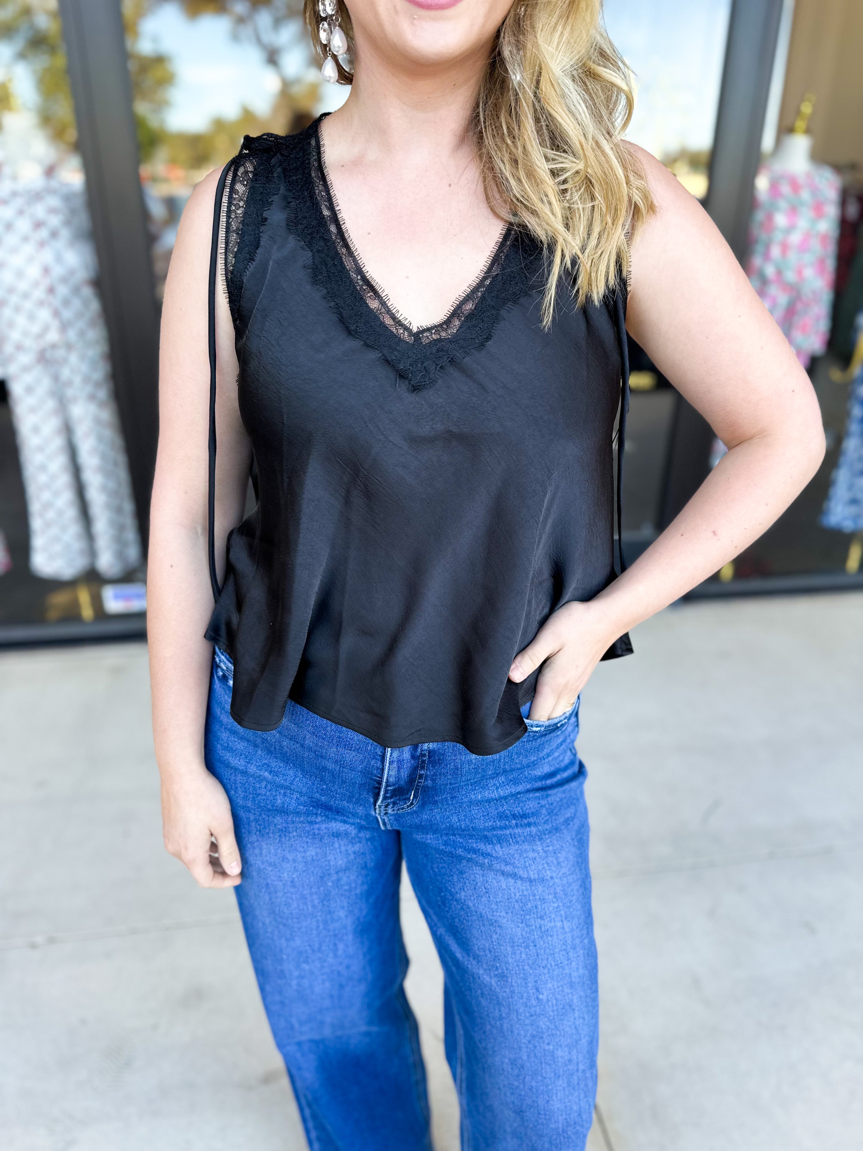 V-Neck Lacy Cami-200 Fashion Blouses-SKIES ARE BLUE-July & June Women's Fashion Boutique Located in San Antonio, Texas