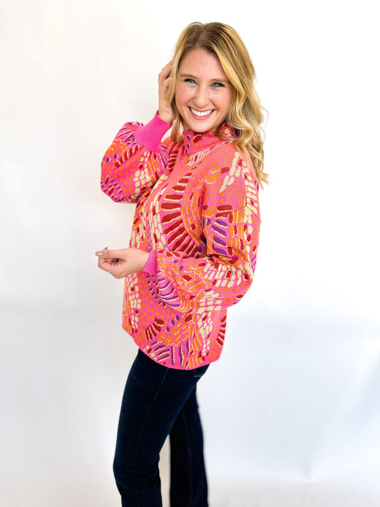 Pink Abstract High Neck Sweater-230 Sweaters/Cardis-FATE-July & June Women's Fashion Boutique Located in San Antonio, Texas