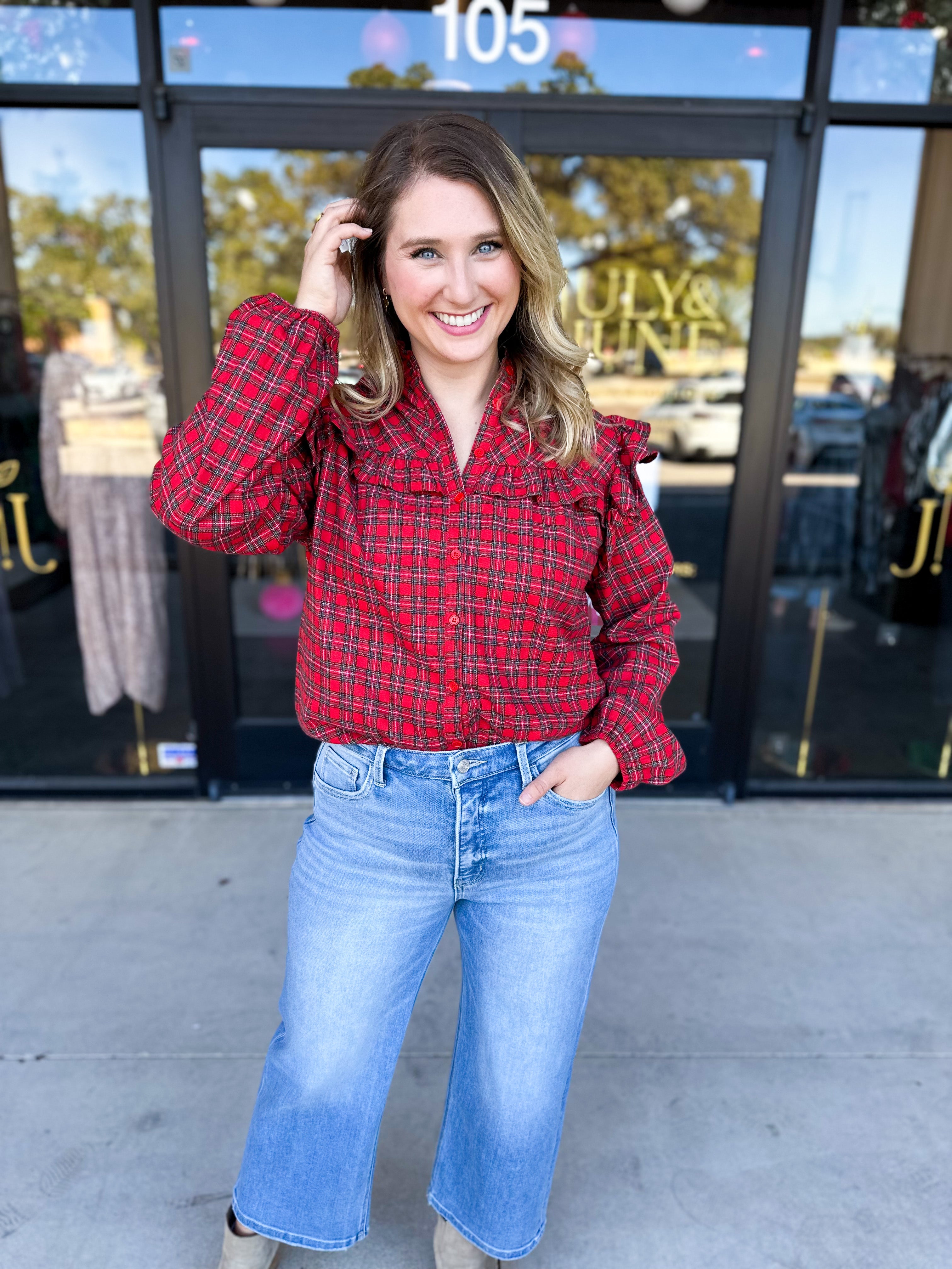 Tartan Ruffle Blouse-200 Fashion Blouses-FATE-July & June Women's Fashion Boutique Located in San Antonio, Texas