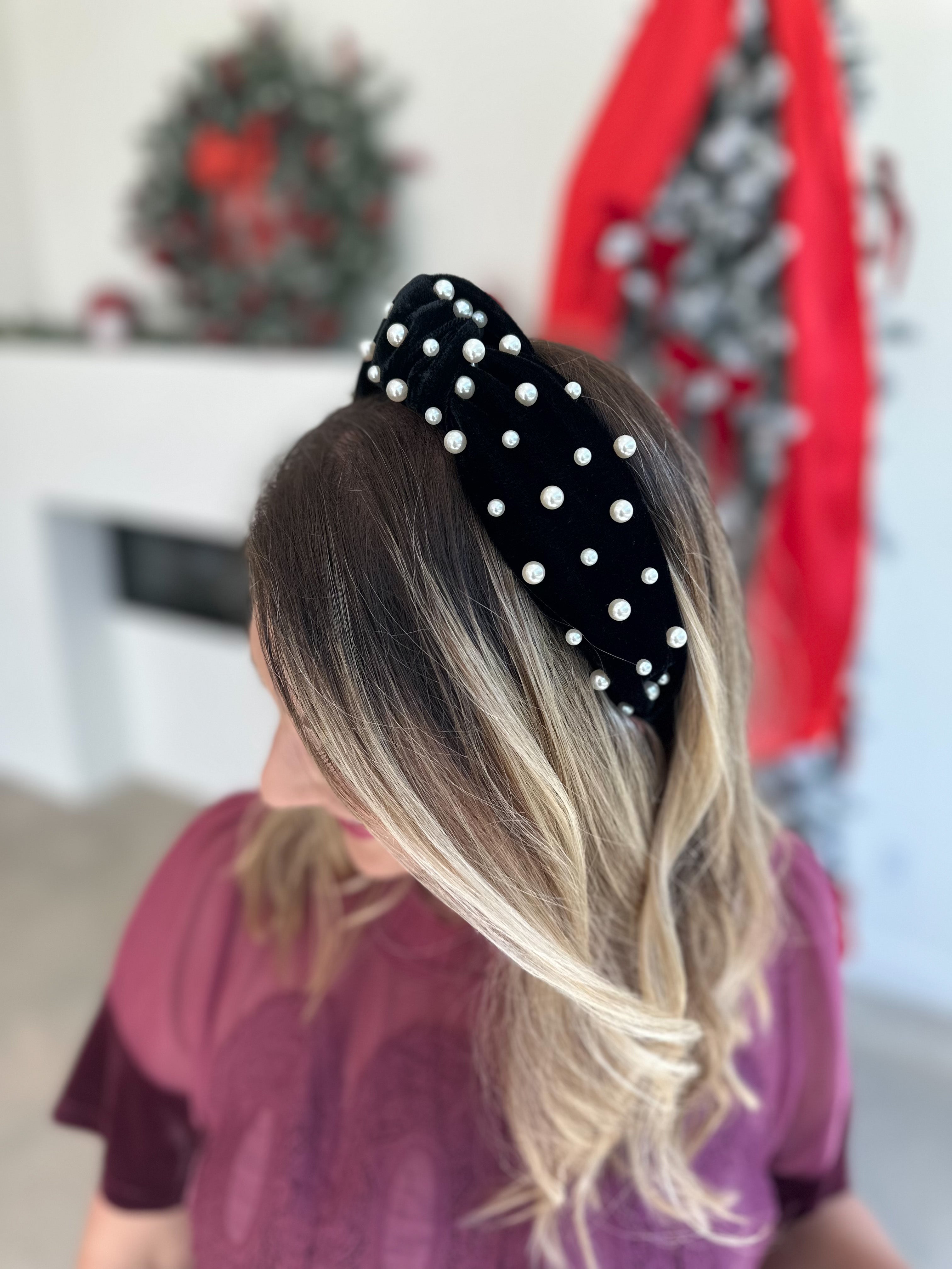 Velvet & Pearls Knotted Headband - Black-130 ACCESSORIES-SHIRALEAH-July & June Women's Fashion Boutique Located in San Antonio, Texas