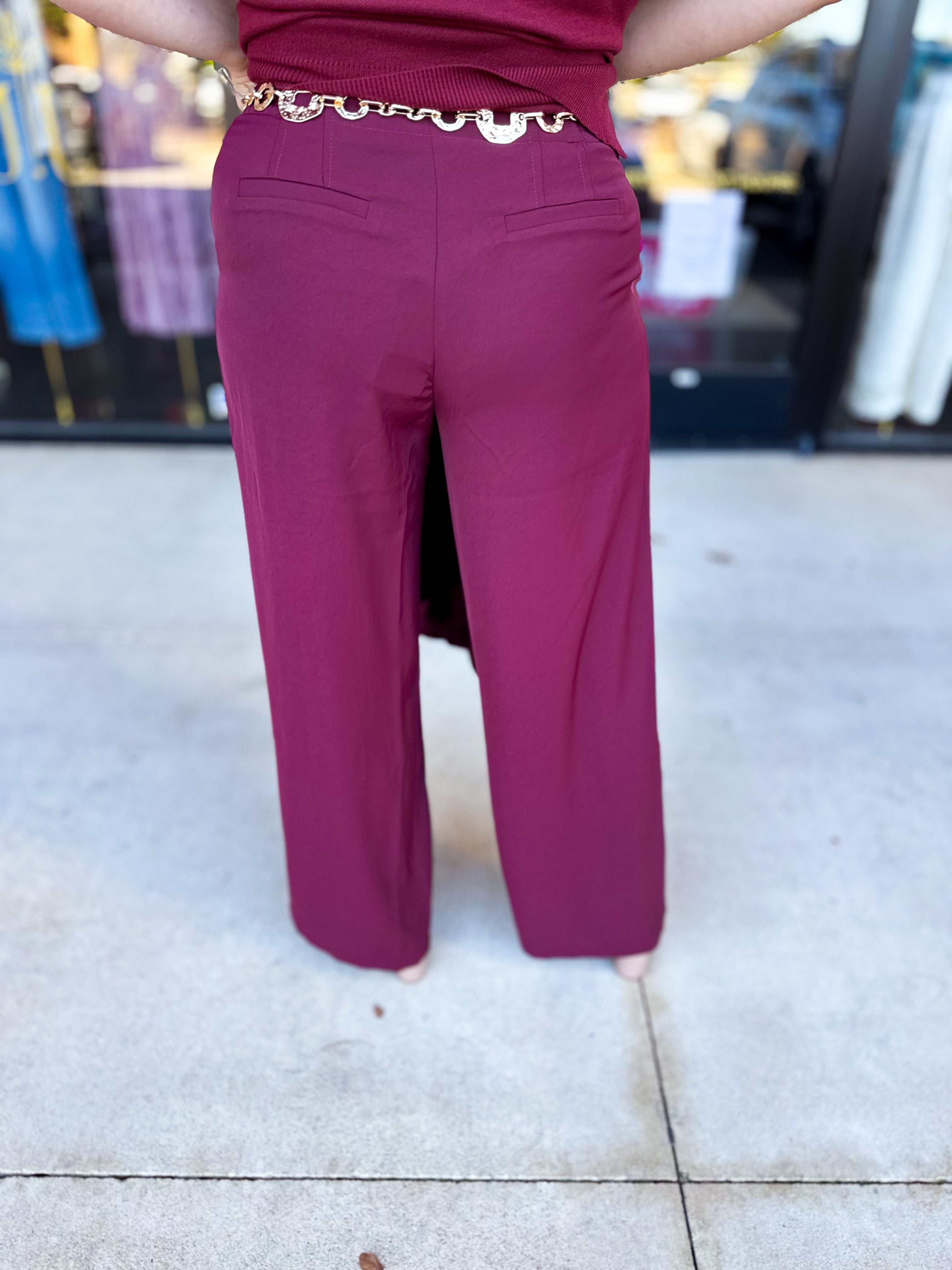 Wide Leg Trousers - Wine-400 Pants-SKIES ARE BLUE-July & June Women's Fashion Boutique Located in San Antonio, Texas