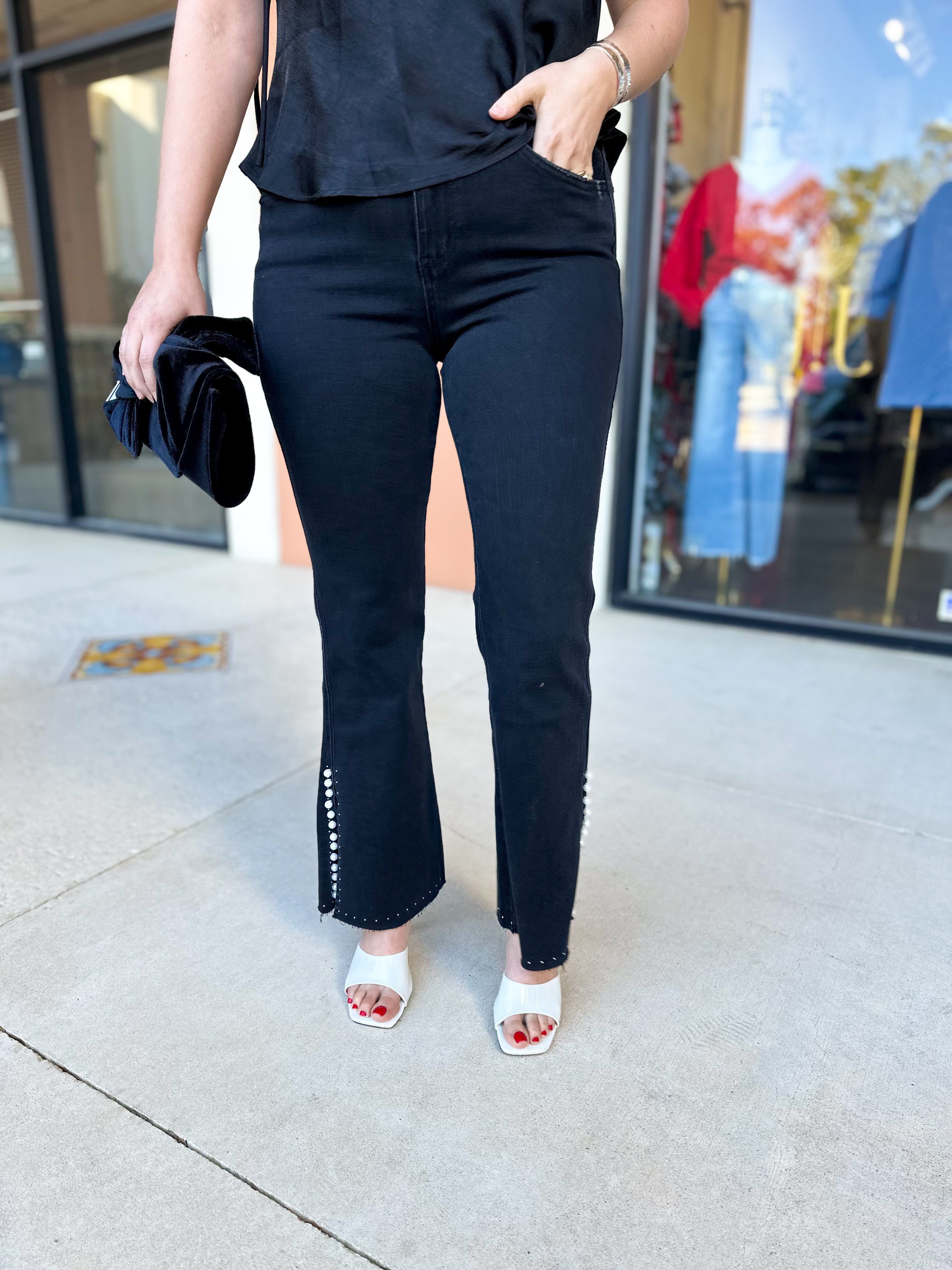 Vervet - High Rise Black & Pearl Studded Bootcut Jeans-400 Pants-VEVERT BY FLYING MONKEY-July & June Women's Fashion Boutique Located in San Antonio, Texas