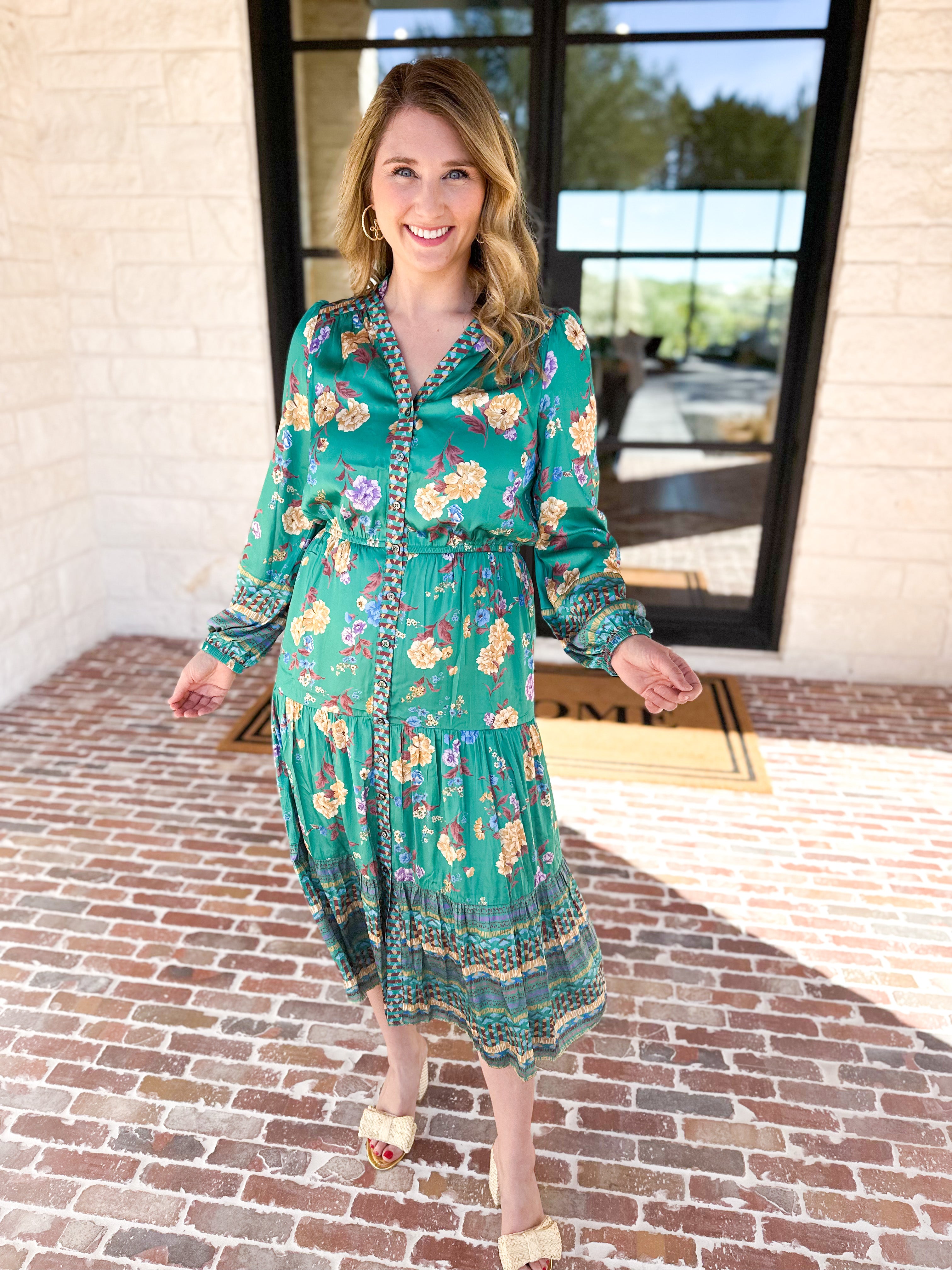 Current Air - Green Floral Satin Midi Dress-500 Midi-CURRENT AIR CLOTHING-July & June Women's Fashion Boutique Located in San Antonio, Texas