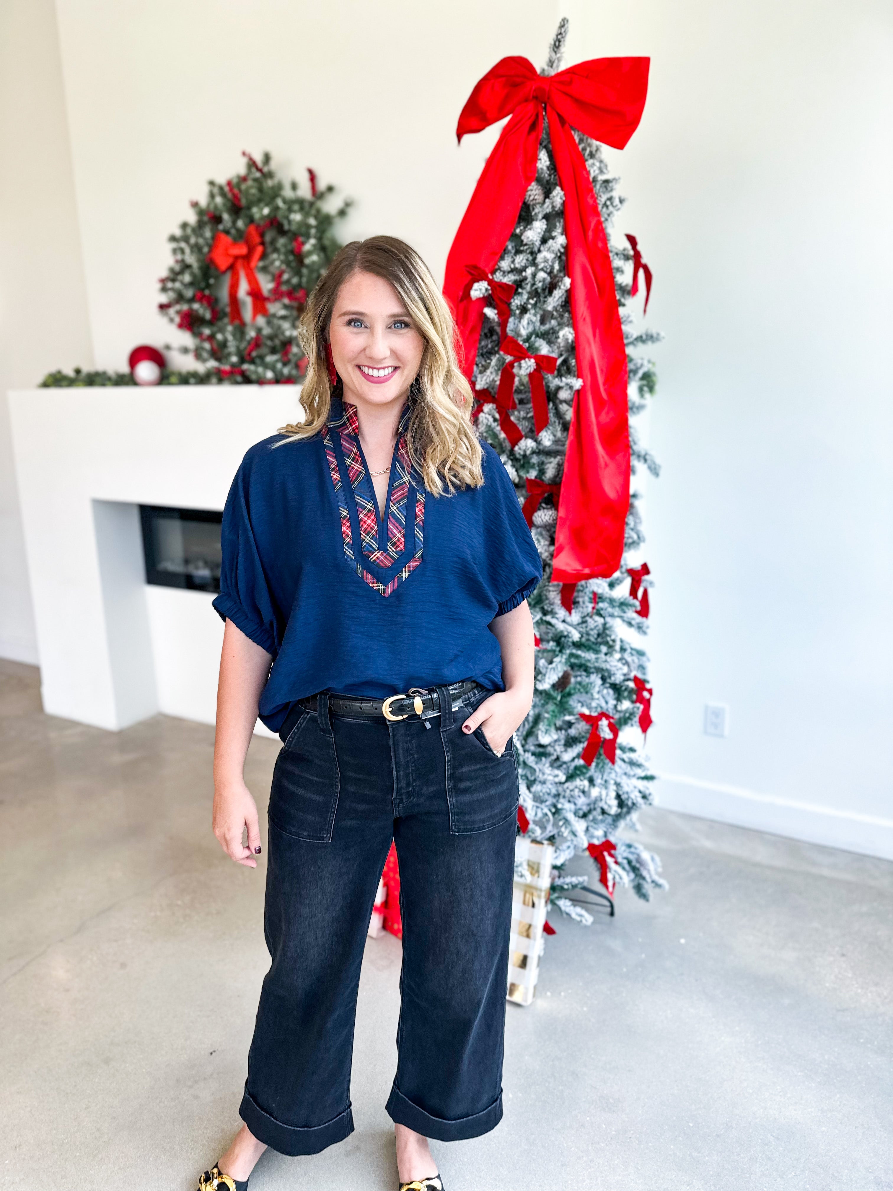The Stacy Blouse - Navy-200 Fashion Blouses-ENTRO-July & June Women's Fashion Boutique Located in San Antonio, Texas