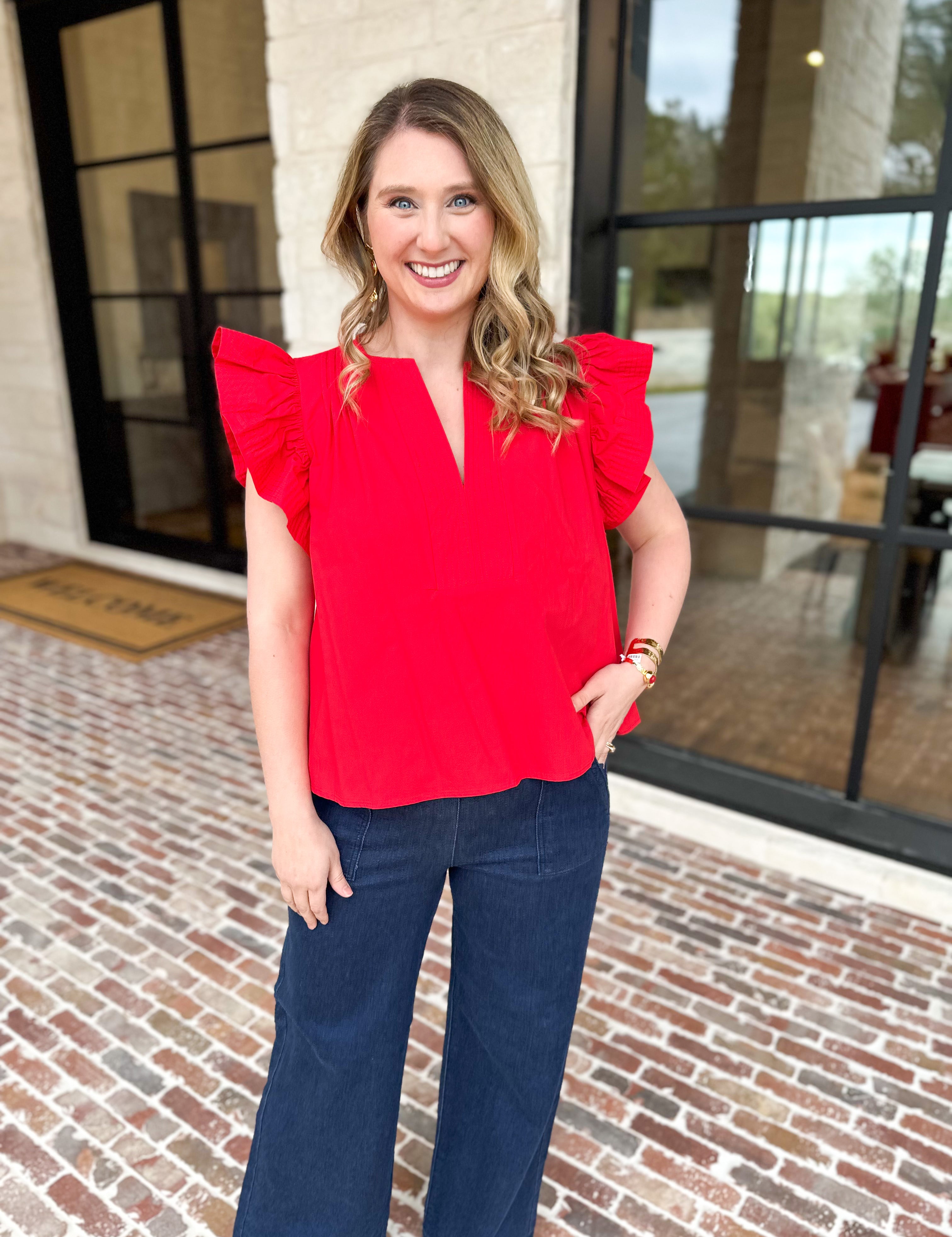 Flutter Sleeve Poplin Blouse - Red-200 Fashion Blouses-STRUT & BOLT-July & June Women's Fashion Boutique Located in San Antonio, Texas