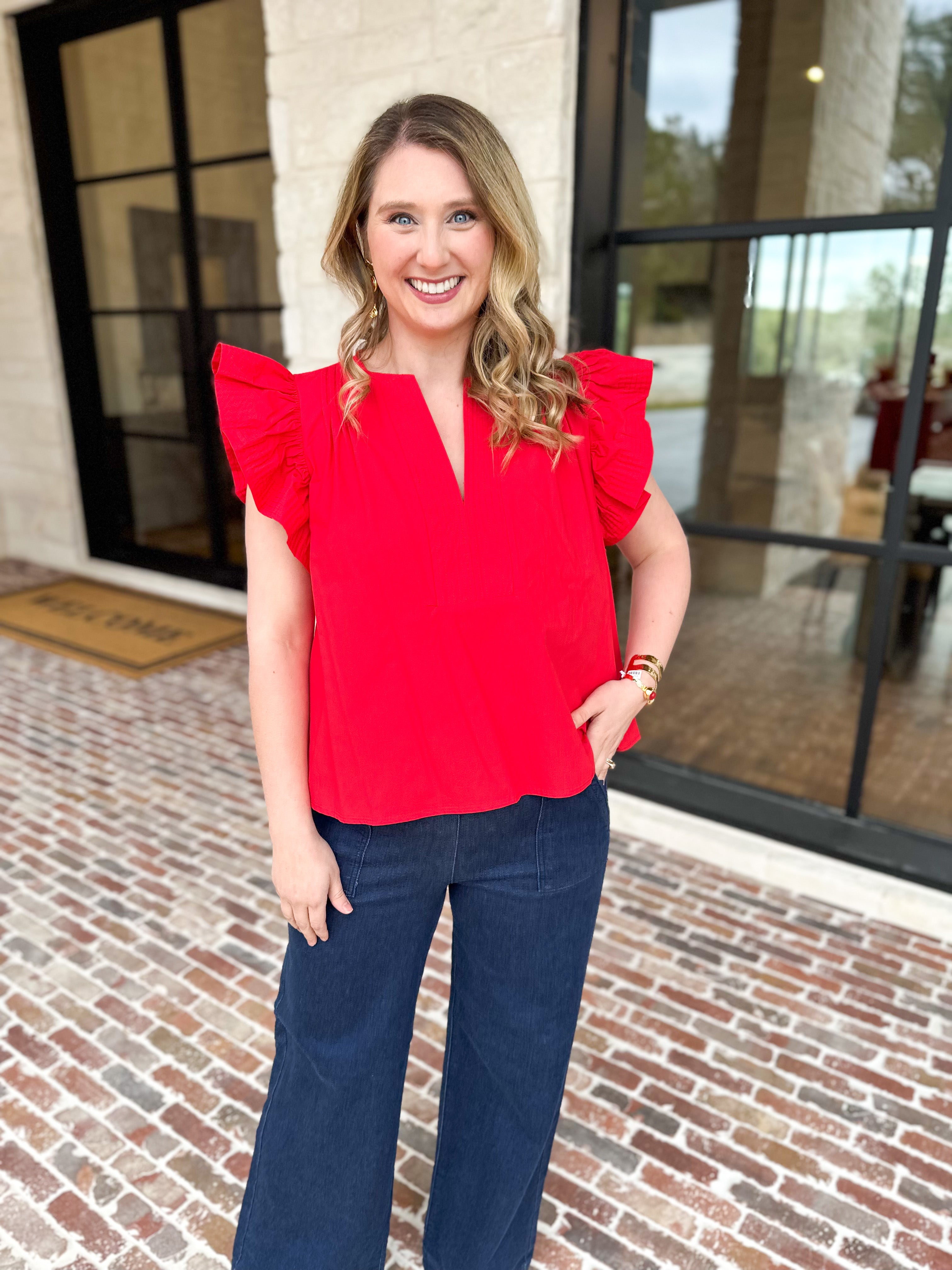 Flutter Sleeve Poplin Blouse - Red-200 Fashion Blouses-STRUT & BOLT-July & June Women's Fashion Boutique Located in San Antonio, Texas