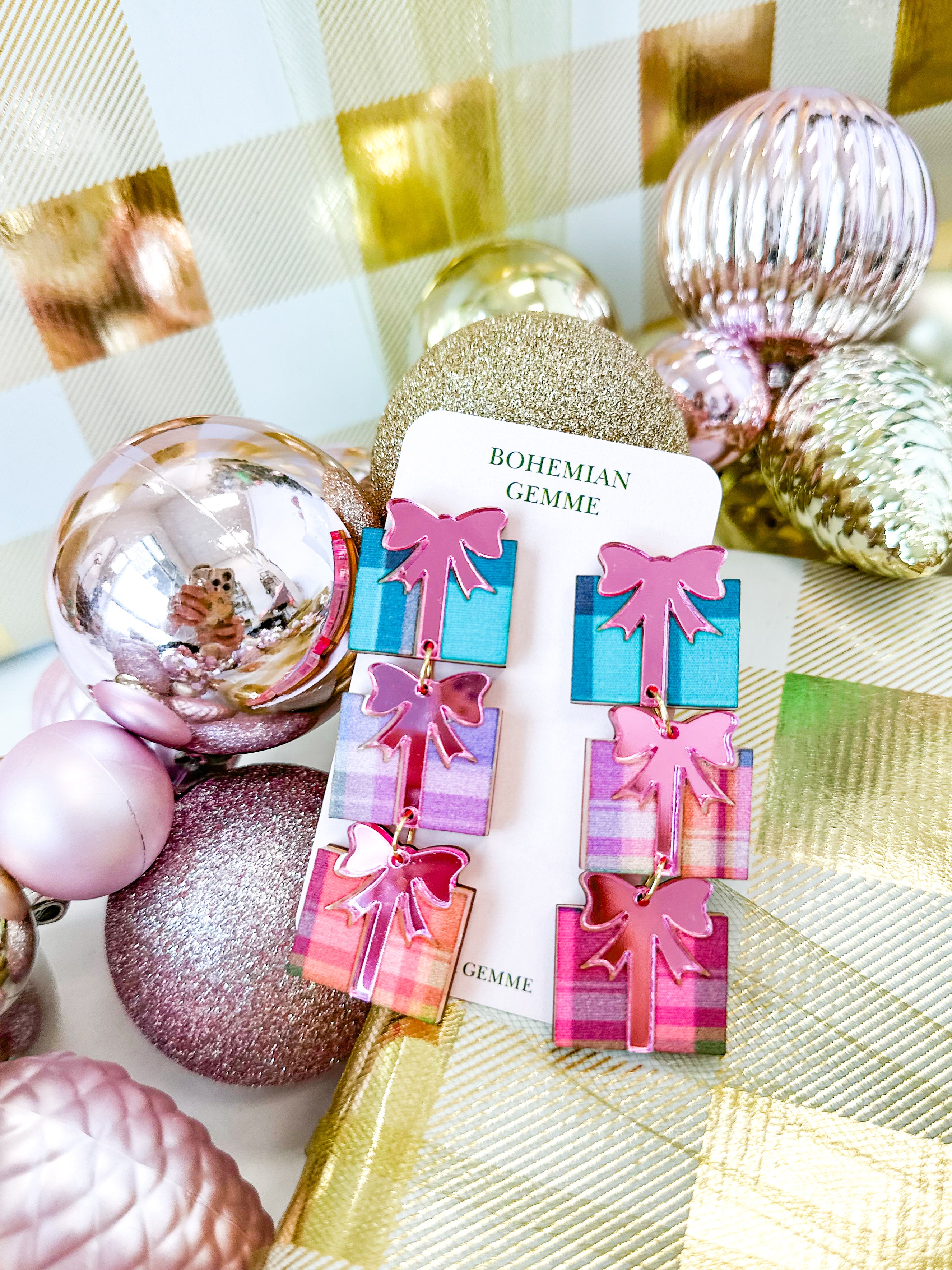 Bohemian Gemme - Pink & Blue Present Dangle Earrings - RESTOCK-100 Jewelry / Accessories-Bohemian Gemme-July & June Women's Fashion Boutique Located in San Antonio, Texas