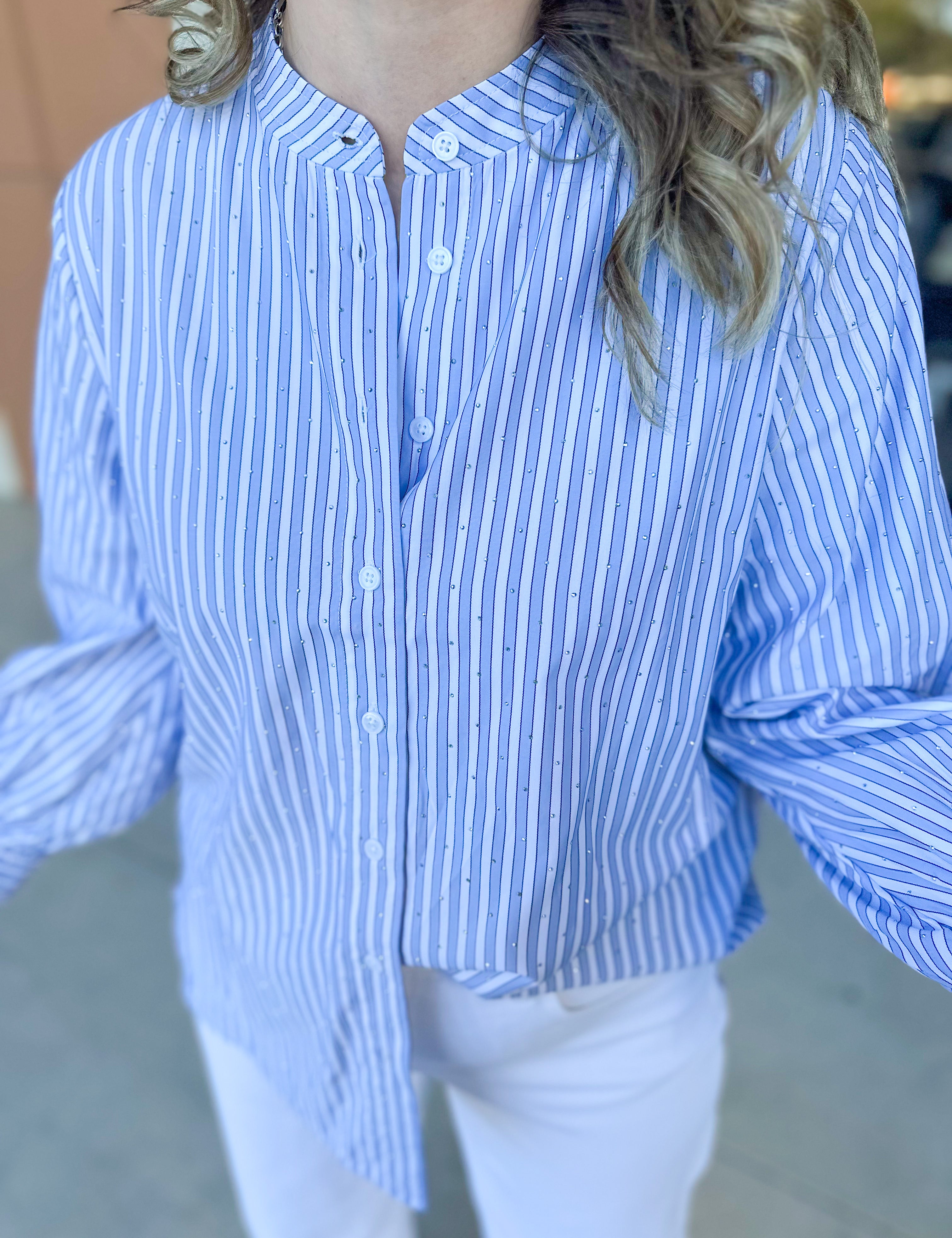 Current Air - Rhinestone Button Down Blouse - Light Blue-200 Fashion Blouses-CURRENT AIR CLOTHING-July & June Women's Fashion Boutique Located in San Antonio, Texas