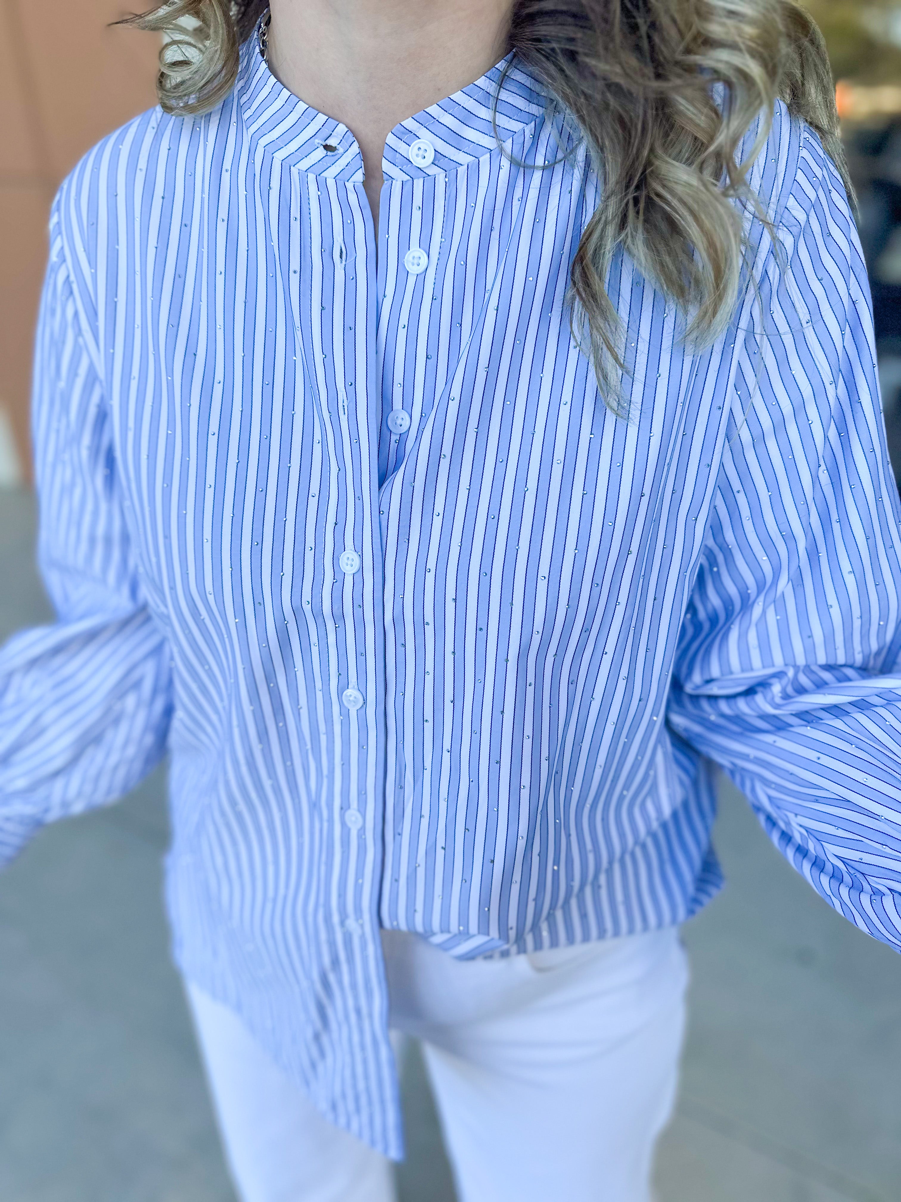 Current Air - Rhinestone Button Down Blouse - Light Blue-200 Fashion Blouses-CURRENT AIR CLOTHING-July & June Women's Fashion Boutique Located in San Antonio, Texas