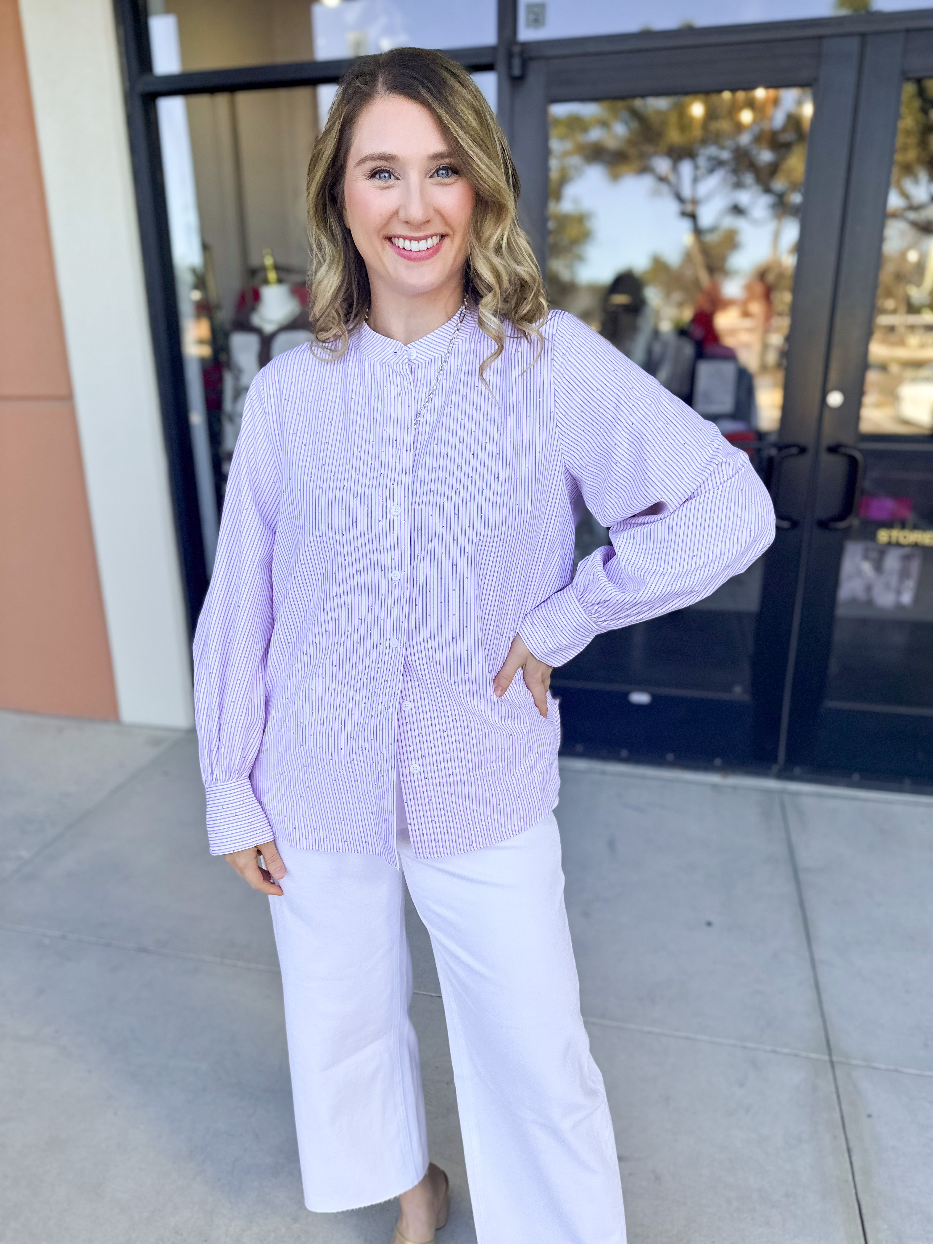 Current Air - Rhinestone Button Down Blouse - Light Pink-200 Fashion Blouses-CURRENT AIR CLOTHING-July & June Women's Fashion Boutique Located in San Antonio, Texas