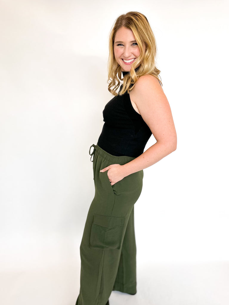 Drawstring Relaxed Cargo Pant- Olive-400 Pants-ENTRO-July & June Women's Fashion Boutique Located in San Antonio, Texas