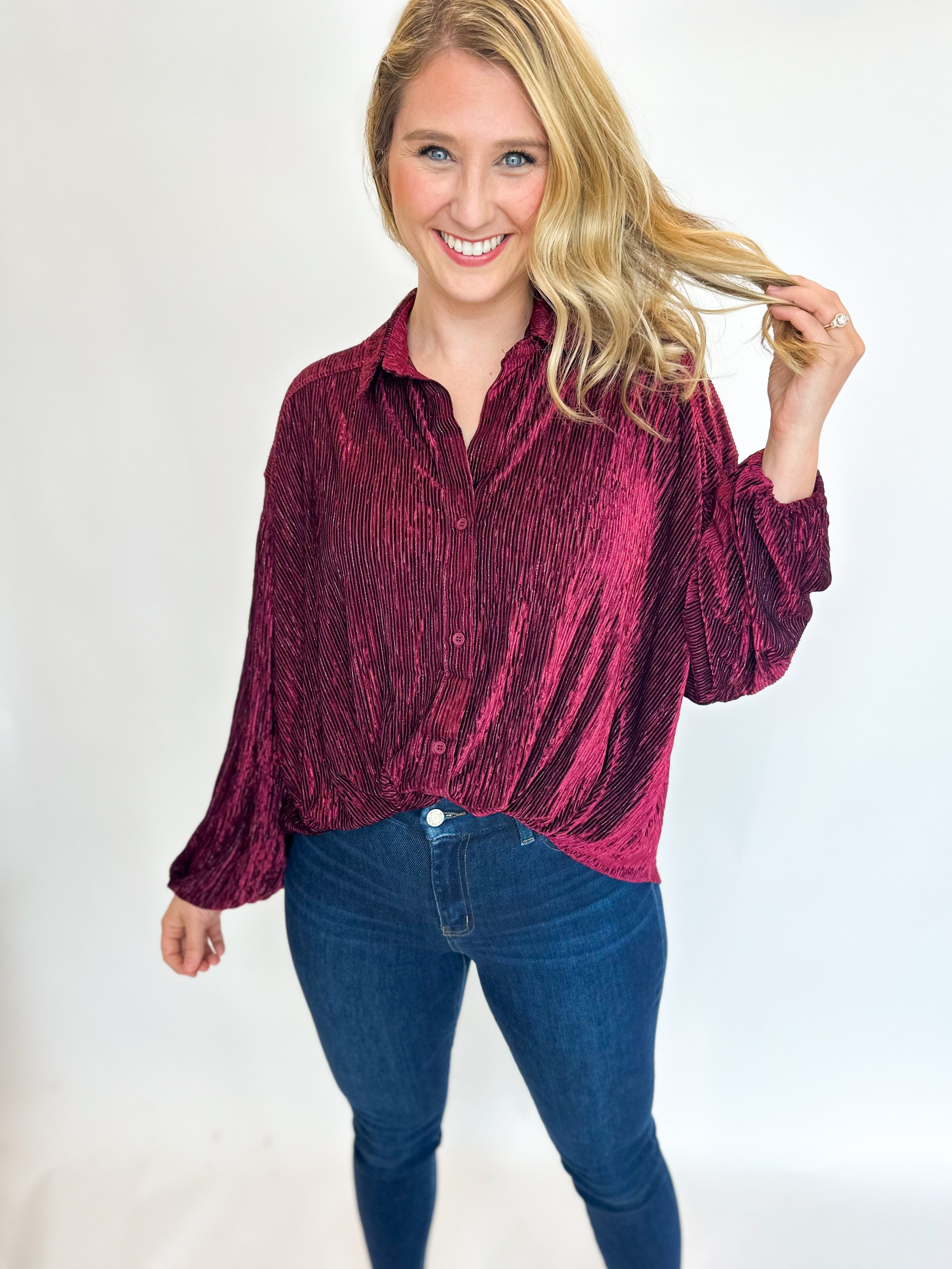 Textured Velvet Blouse - Burgundy-200 Fashion Blouses-SKIES ARE BLUE-July & June Women's Fashion Boutique Located in San Antonio, Texas
