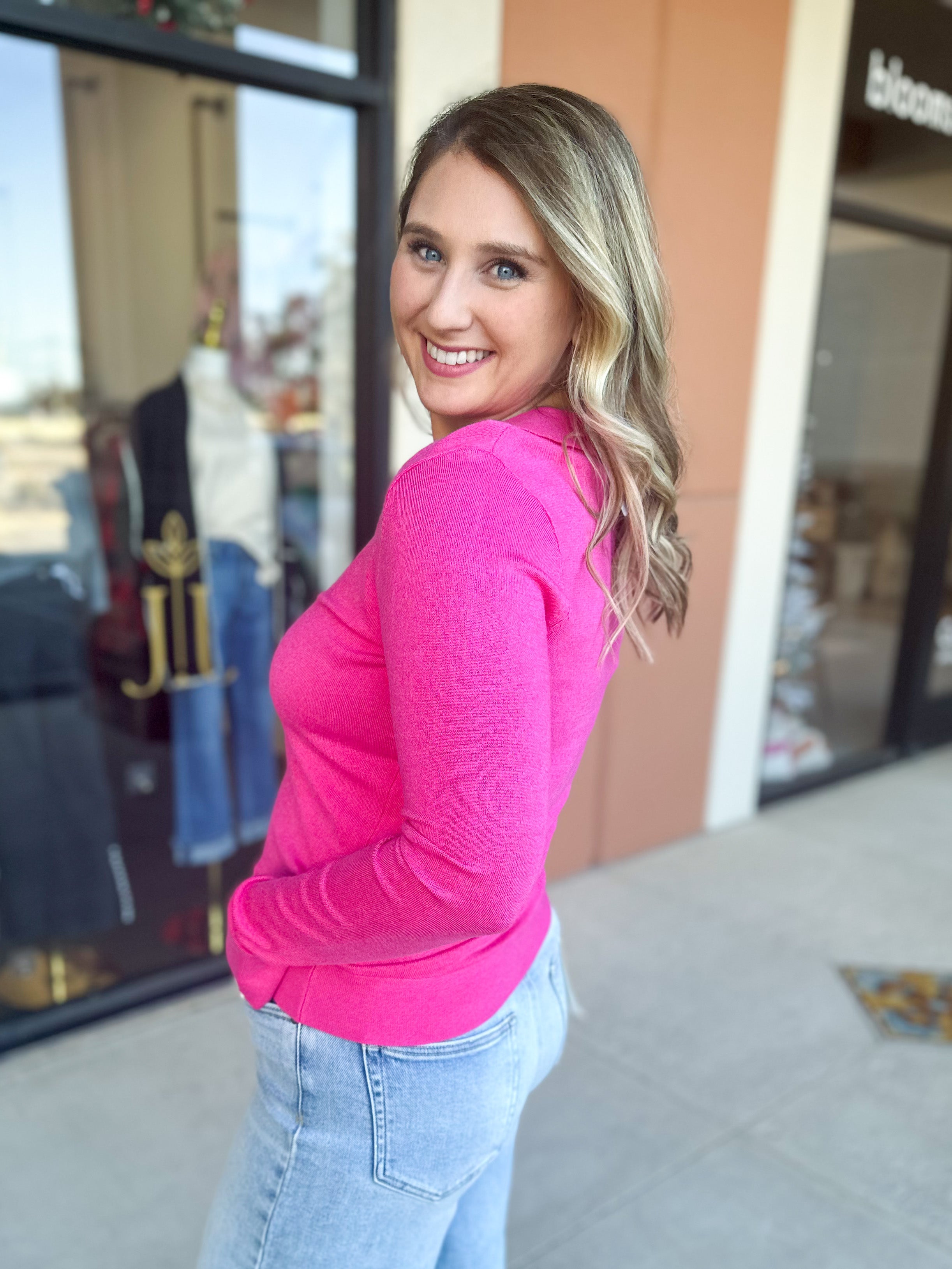 Collared Knit Long Sleeve - Hot Pink-230 Sweaters/Cardis-SKIES ARE BLUE-July & June Women's Fashion Boutique Located in San Antonio, Texas