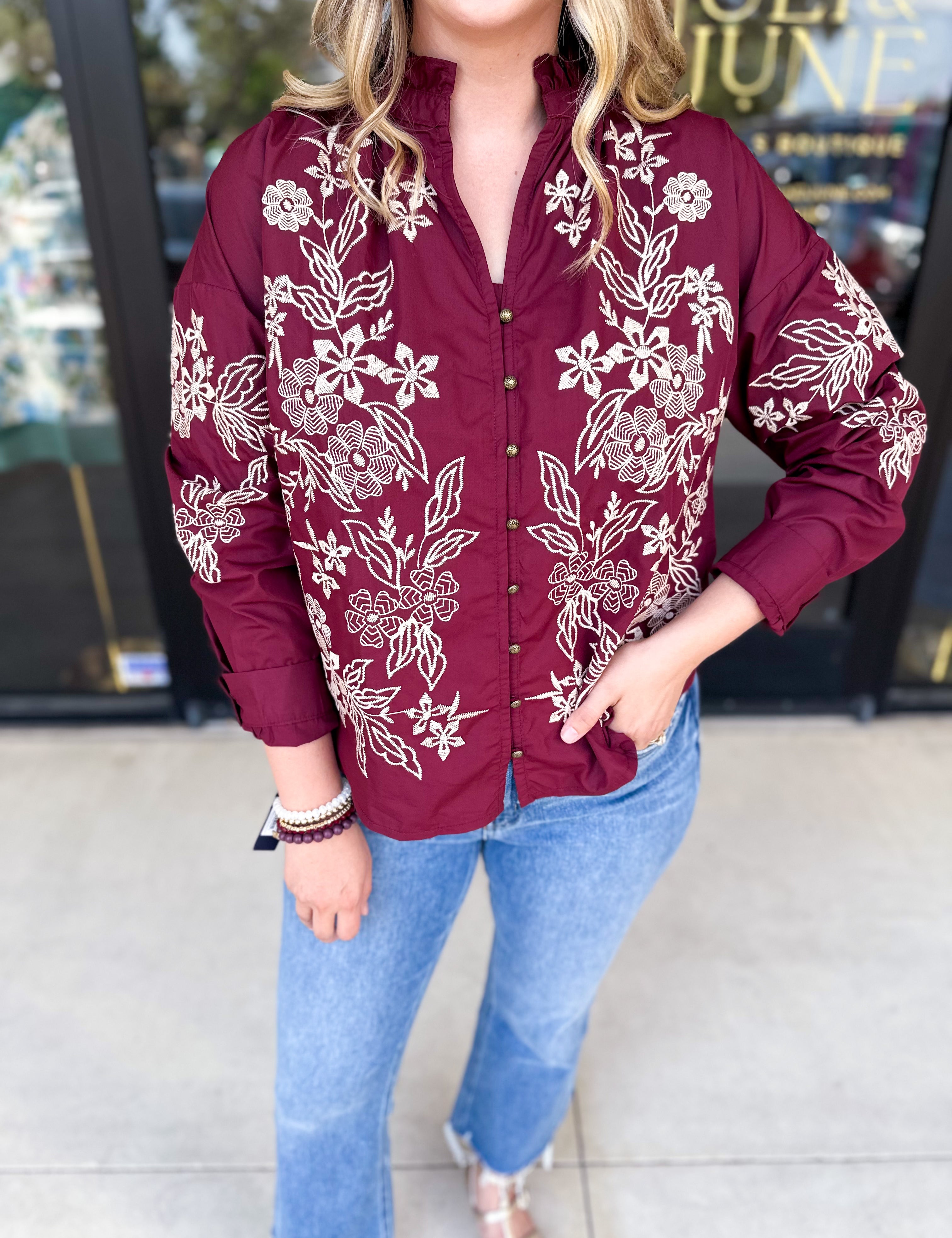 Elara Embroidered Blouse - Burgundy-200 Fashion Blouses-ENTRO-July & June Women's Fashion Boutique Located in San Antonio, Texas