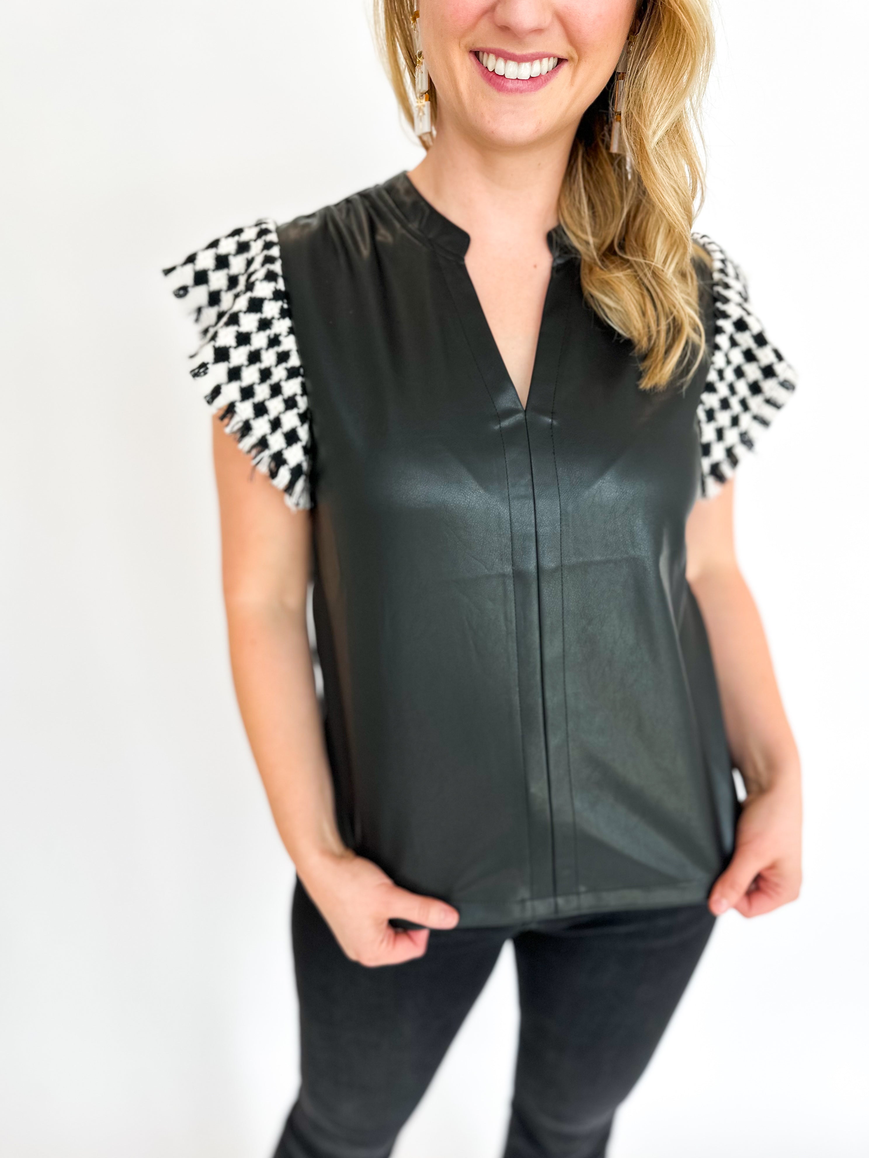 Black Faux Leather Contrast Sleeve Blouse - THML-200 Fashion Blouses-THML-July & June Women's Fashion Boutique Located in San Antonio, Texas