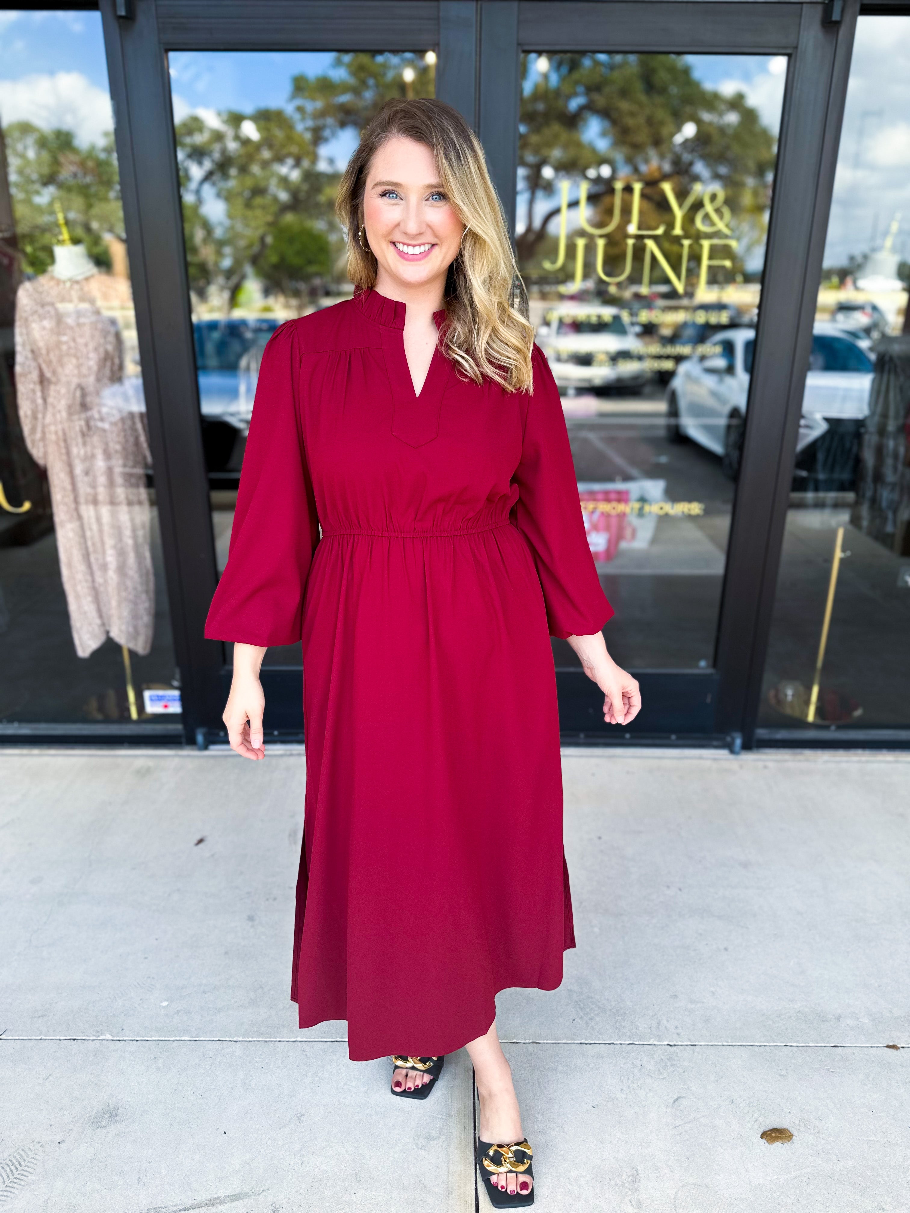 Classic Midi Dress - Deep Red-500 Midi-JODIFL-July & June Women's Fashion Boutique Located in San Antonio, Texas