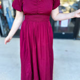 Elegant Burgundy Midi Dress-500 Midi-POLOGRAM-July & June Women's Fashion Boutique Located in San Antonio, Texas