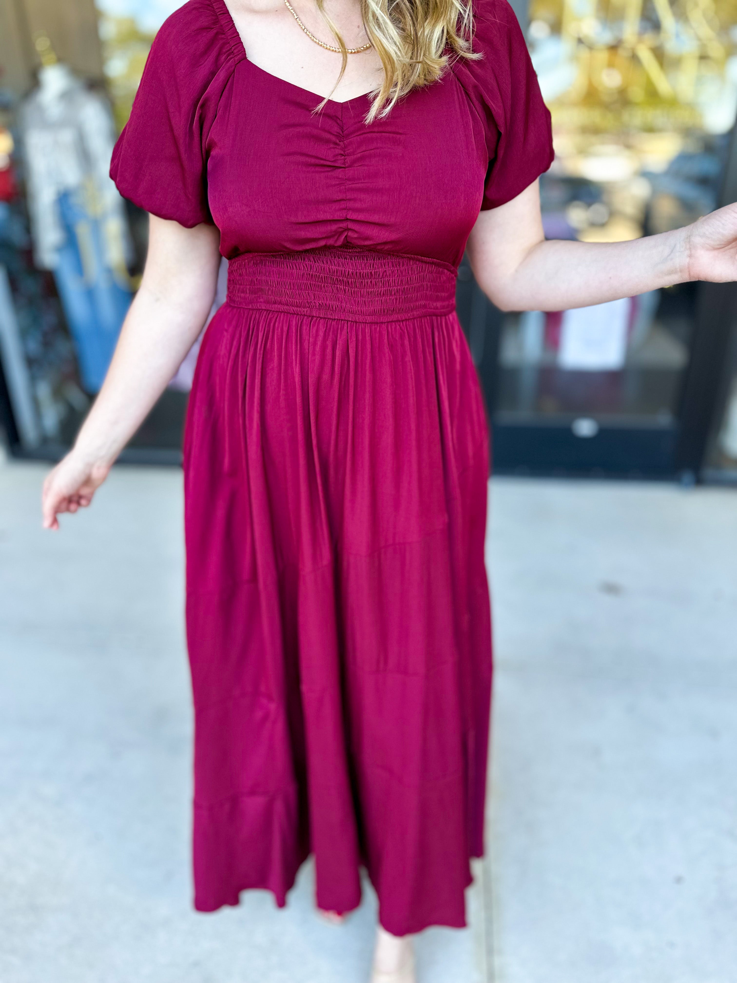 Elegant Burgundy Midi Dress-500 Midi-POLOGRAM-July & June Women's Fashion Boutique Located in San Antonio, Texas