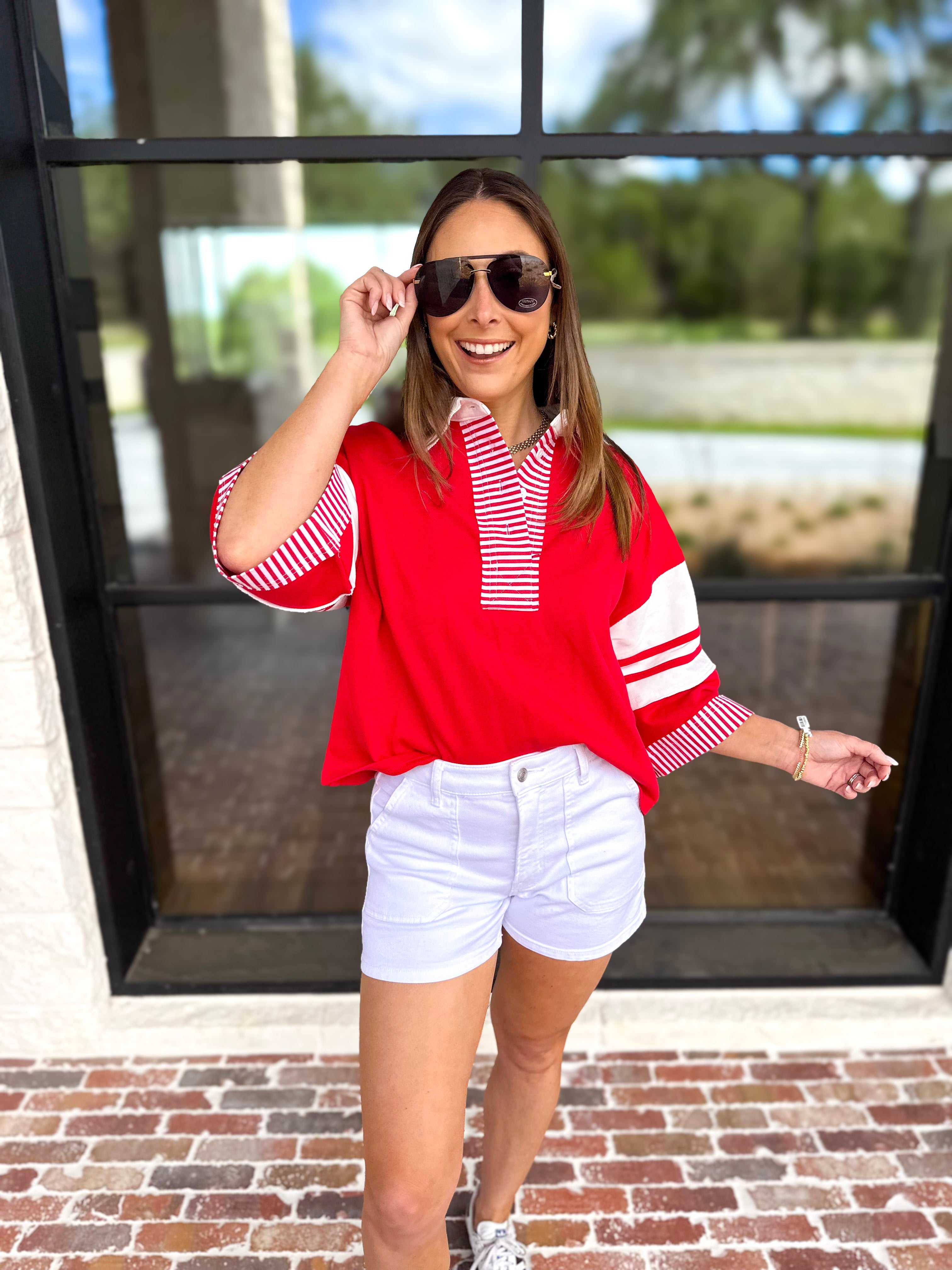 Cool Girl Oversized Polo Top - Red-210 Casual Blouses-JODIFL-July & June Women's Fashion Boutique Located in San Antonio, Texas