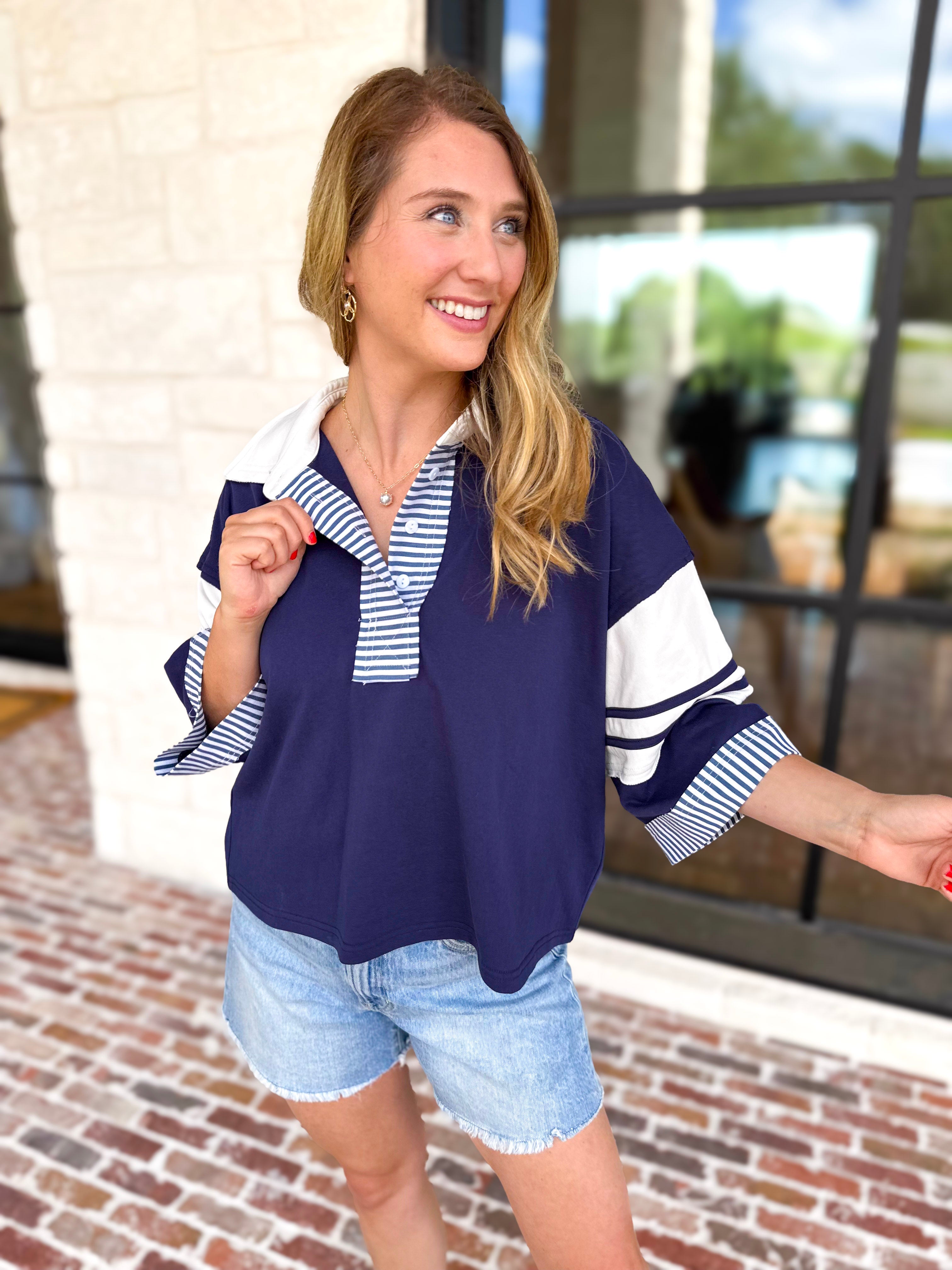Cool Girl Oversized Polo Top - Navy-210 Casual Blouses-JODIFL-July & June Women's Fashion Boutique Located in San Antonio, Texas