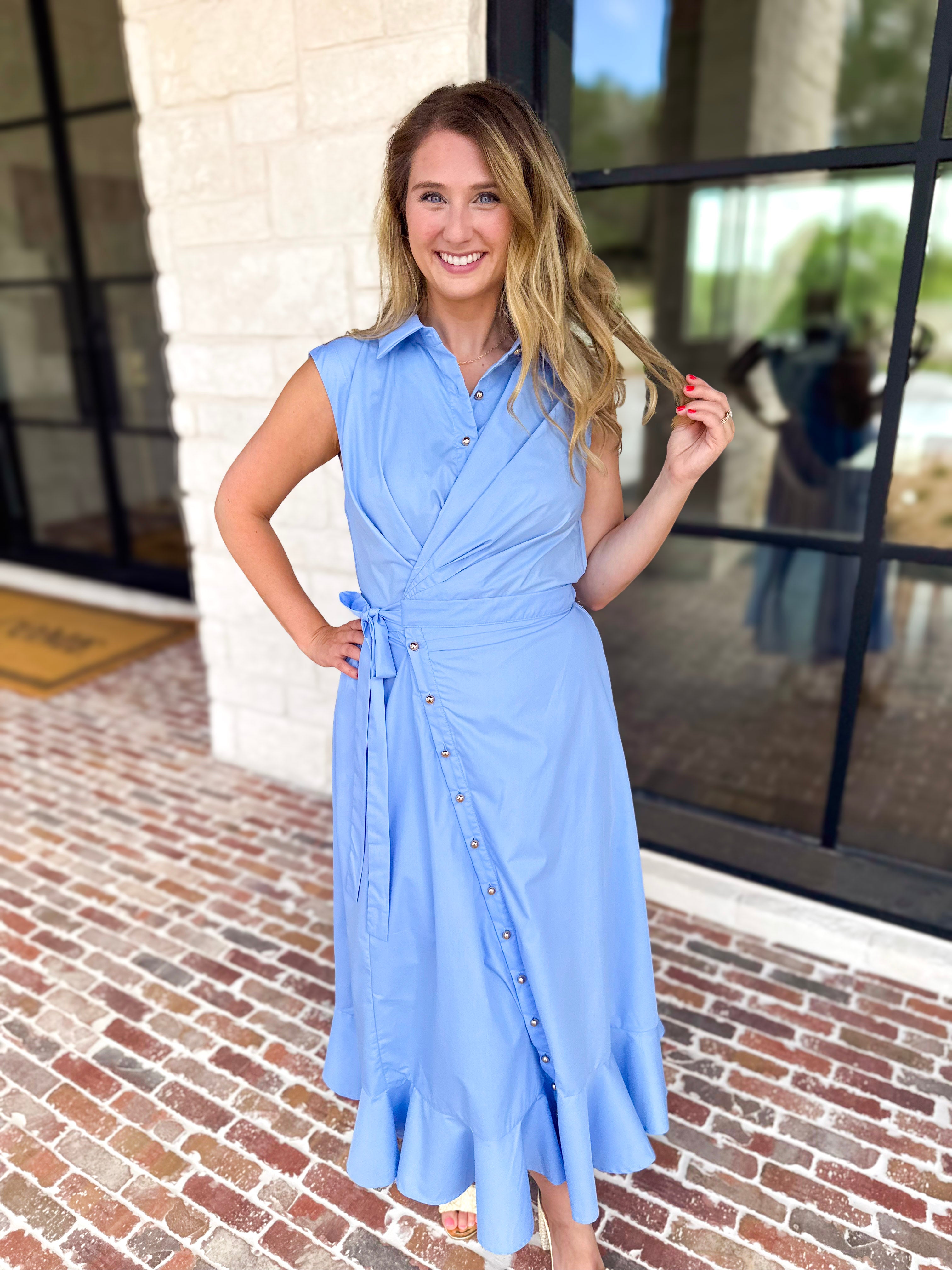 The Polished Light Blue Midi Dress-500 Midi-ENTRO-July & June Women's Fashion Boutique Located in San Antonio, Texas