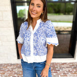 THML - Blue & Ivory Crochet Blouse-200 Fashion Blouses-THML-July & June Women's Fashion Boutique Located in San Antonio, Texas