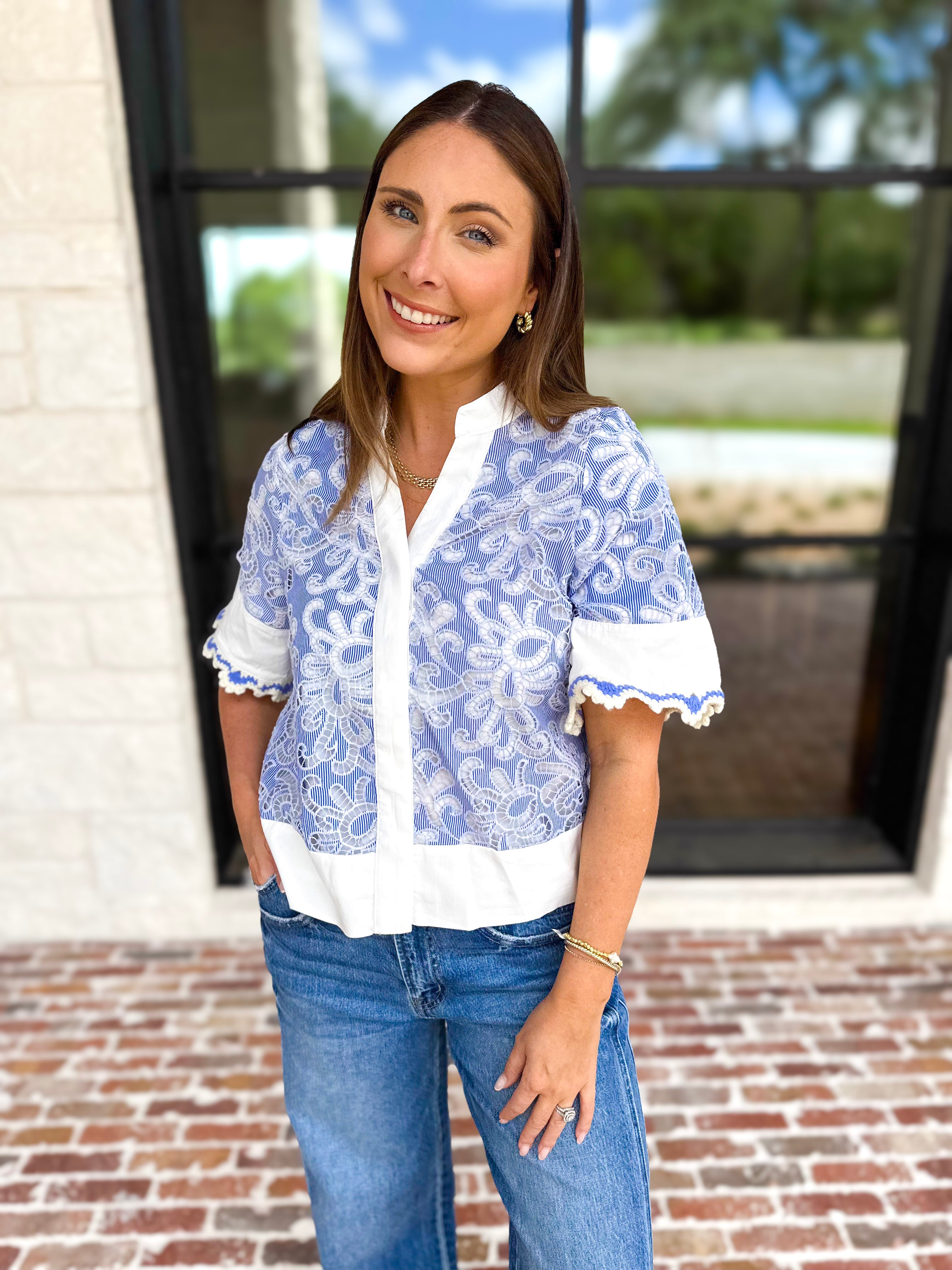 THML - Blue & Ivory Crochet Blouse-200 Fashion Blouses-THML-July & June Women's Fashion Boutique Located in San Antonio, Texas