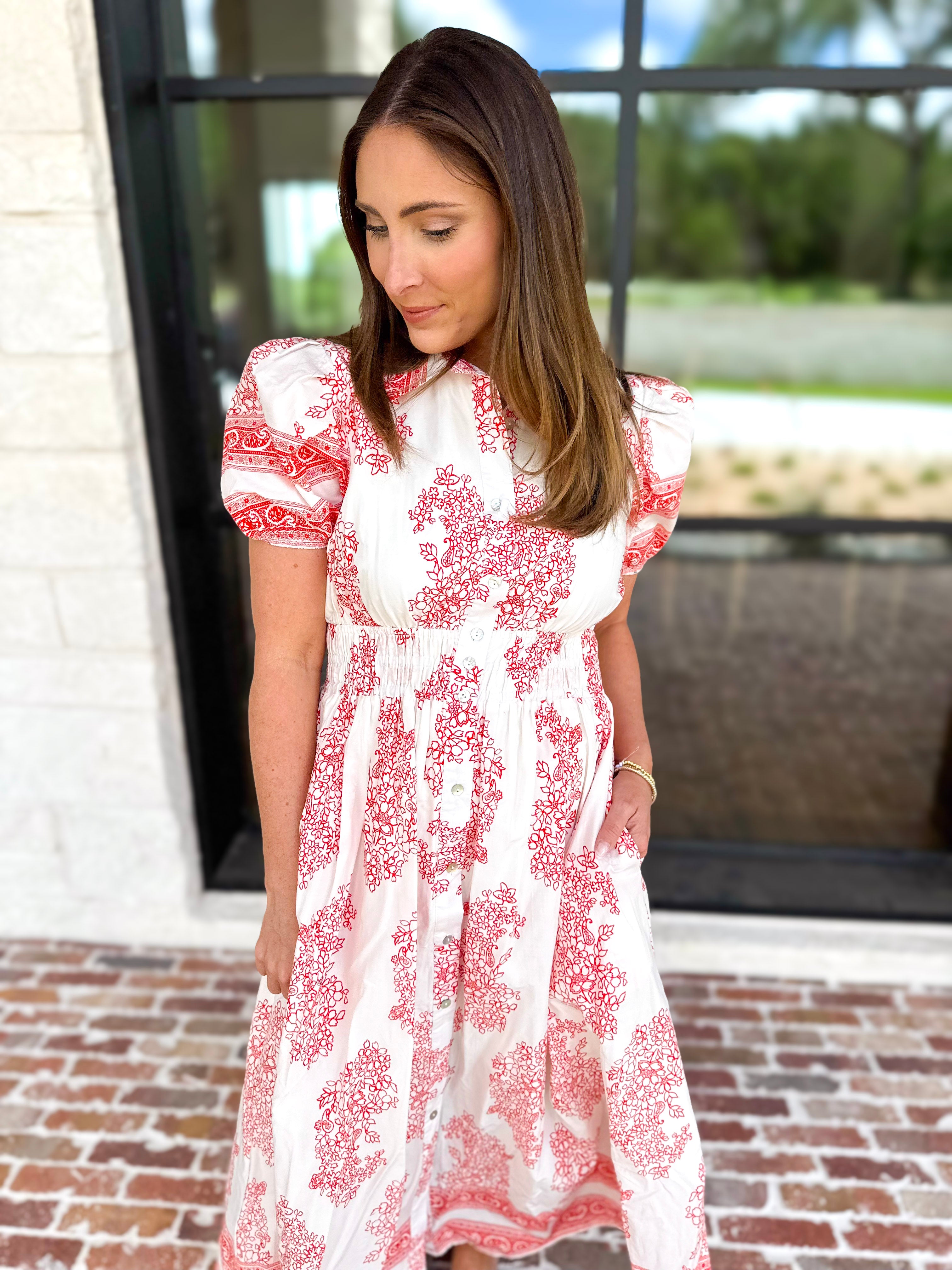 Red Paisley Midi Dress-500 Midi-ENTRO-July & June Women's Fashion Boutique Located in San Antonio, Texas