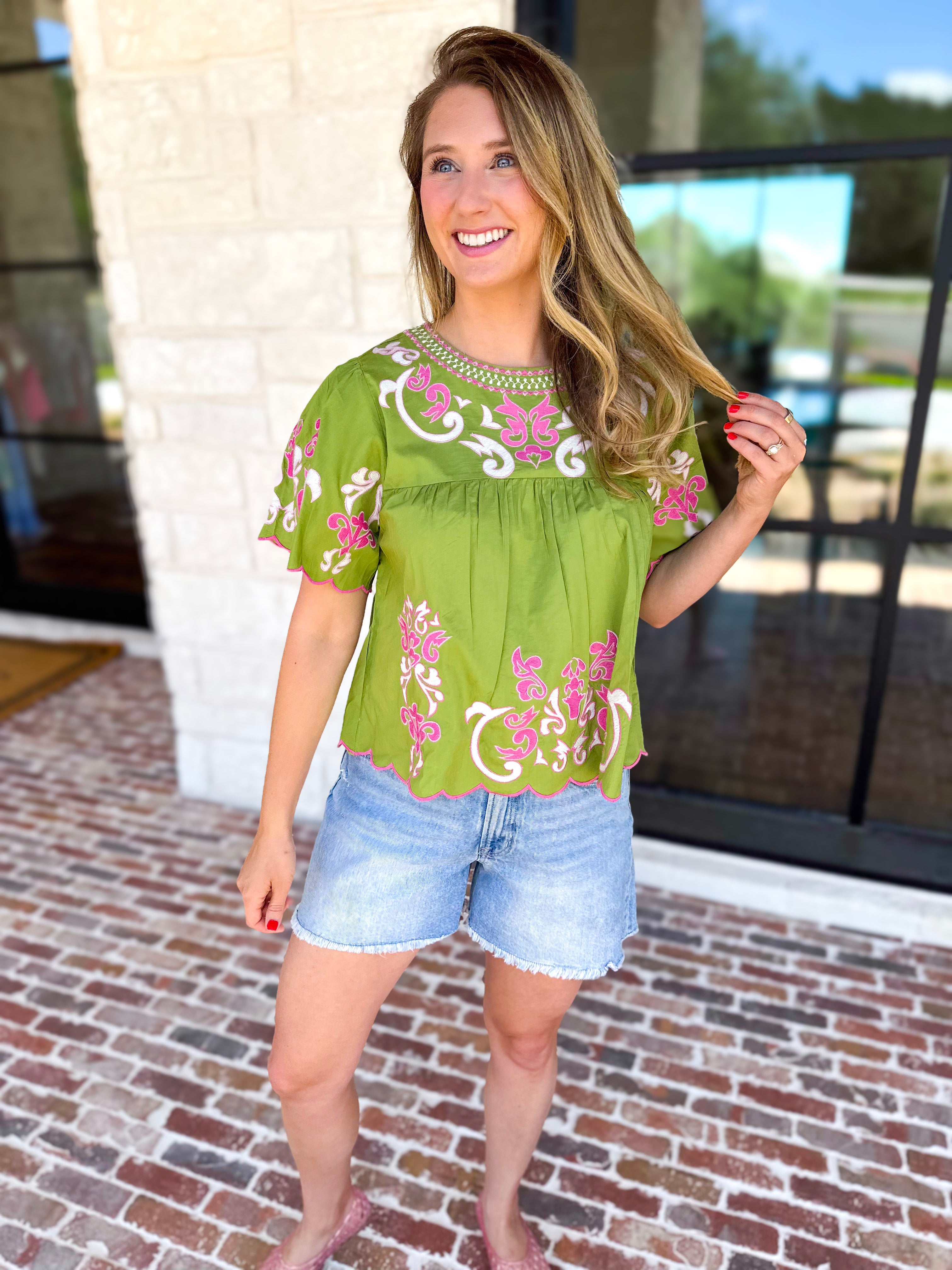 THML - Scalloped Sweetheart Blouse - Chartreuse-200 Fashion Blouses-THML-July & June Women's Fashion Boutique Located in San Antonio, Texas