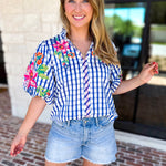 THML - Blue Gingham & Floral Embroidered Blouse-200 Fashion Blouses-THML-July & June Women's Fashion Boutique Located in San Antonio, Texas
