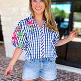 THML - Blue Gingham & Floral Embroidered Blouse-200 Fashion Blouses-THML-July & June Women's Fashion Boutique Located in San Antonio, Texas