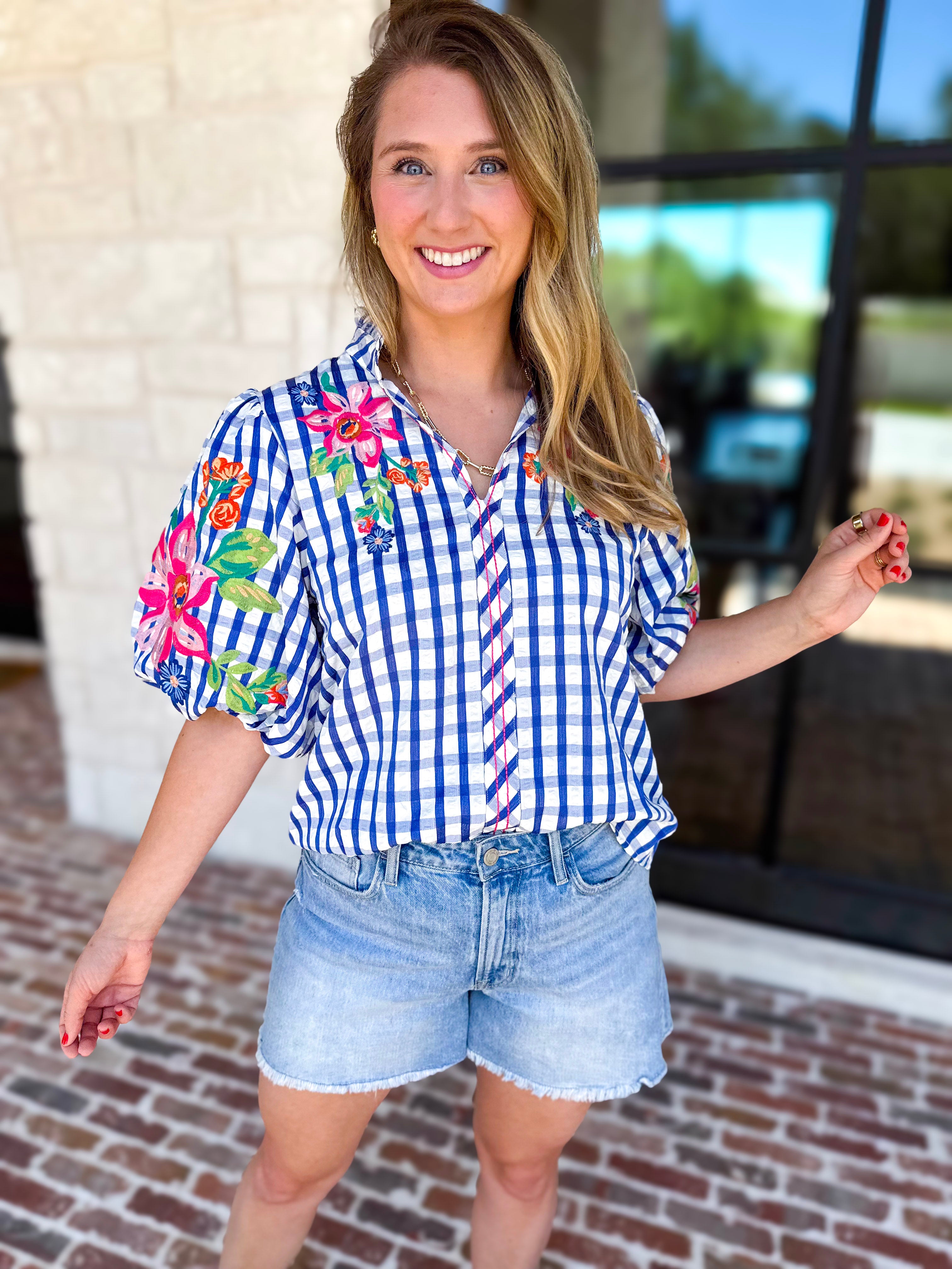 THML - Blue Gingham & Floral Embroidered Blouse-200 Fashion Blouses-THML-July & June Women's Fashion Boutique Located in San Antonio, Texas