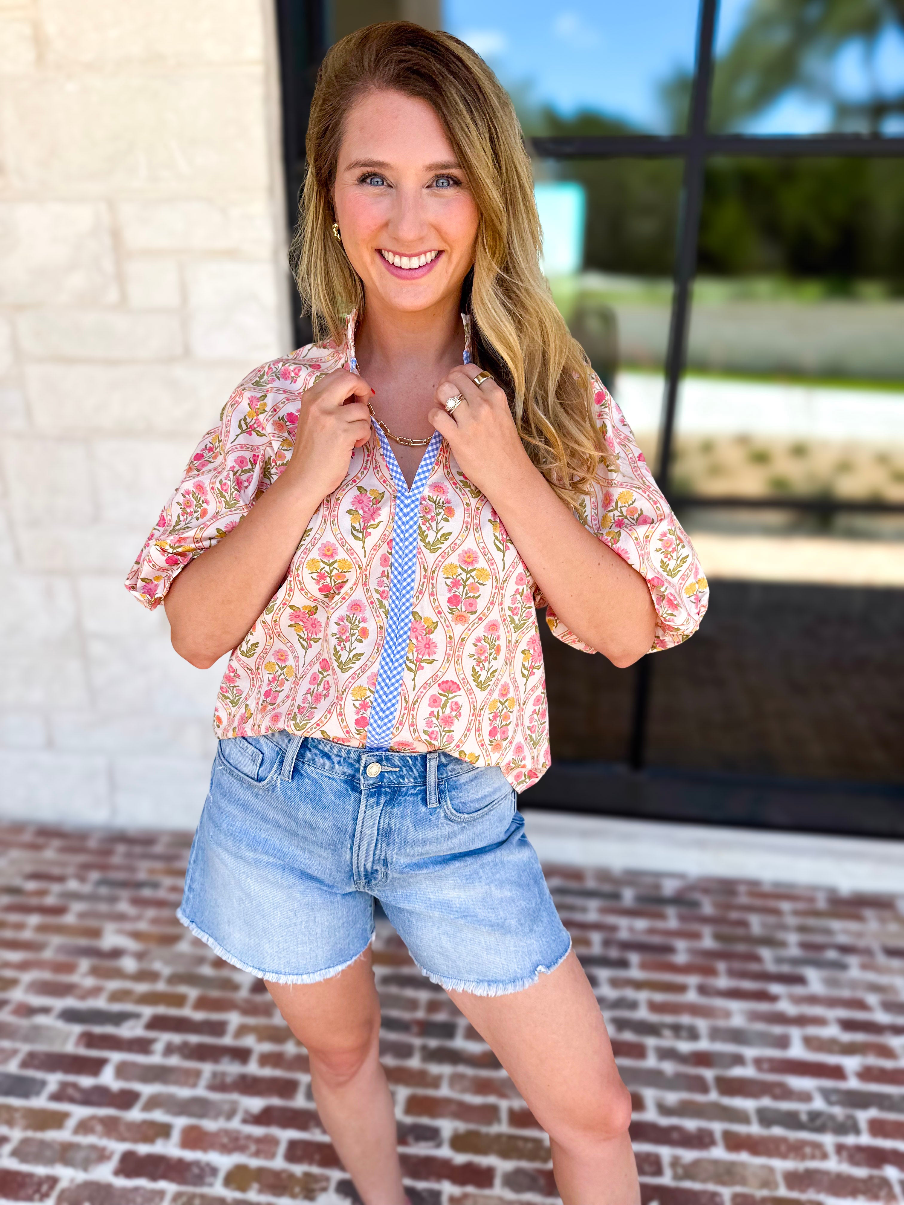 THML - Pink & Yellow Florals Blouse-200 Fashion Blouses-THML-July & June Women's Fashion Boutique Located in San Antonio, Texas