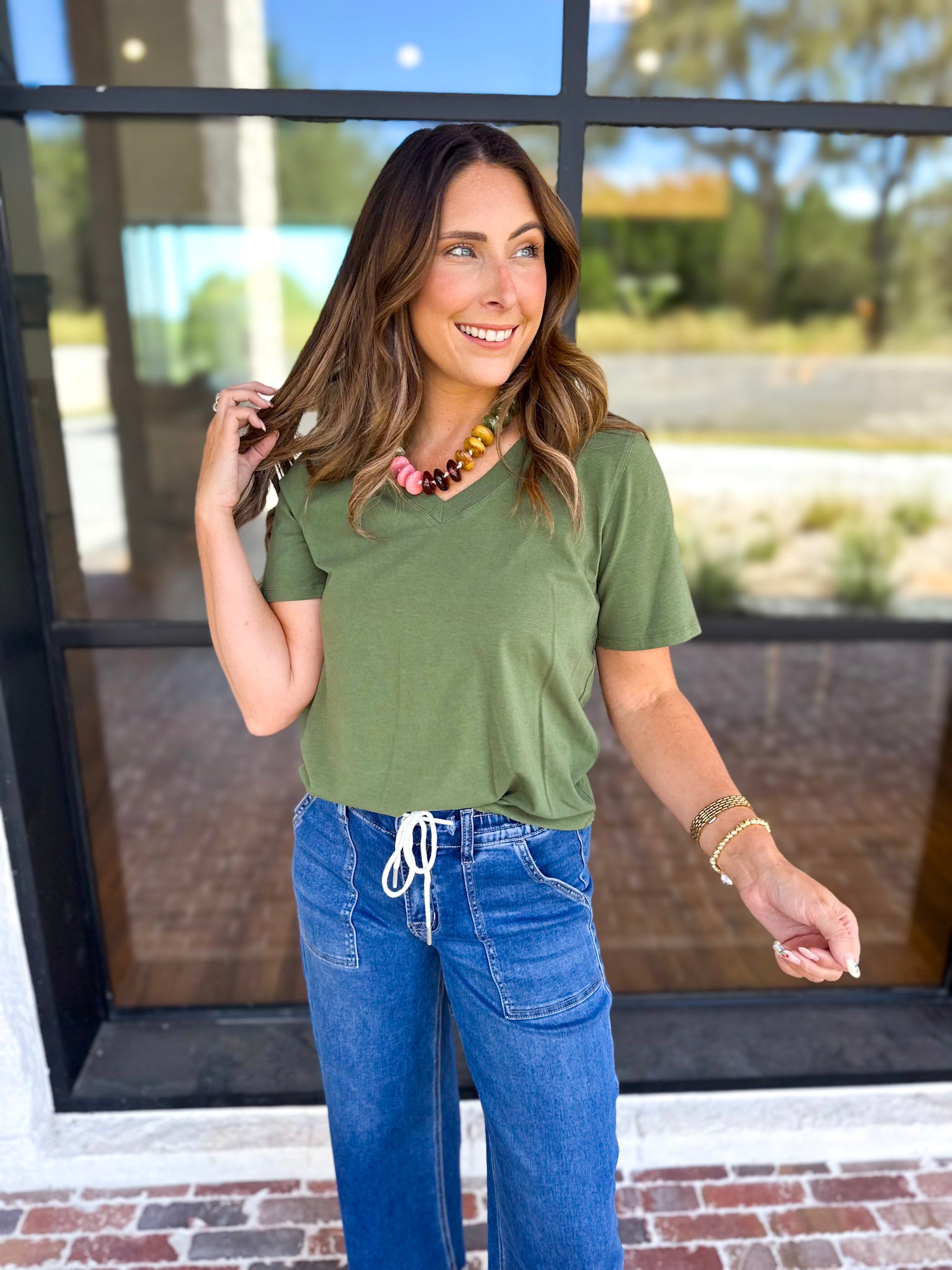 Everyday Essential V-Neck Tee - Sage-210 Casual Blouses-MONO B-July & June Women's Fashion Boutique Located in San Antonio, Texas