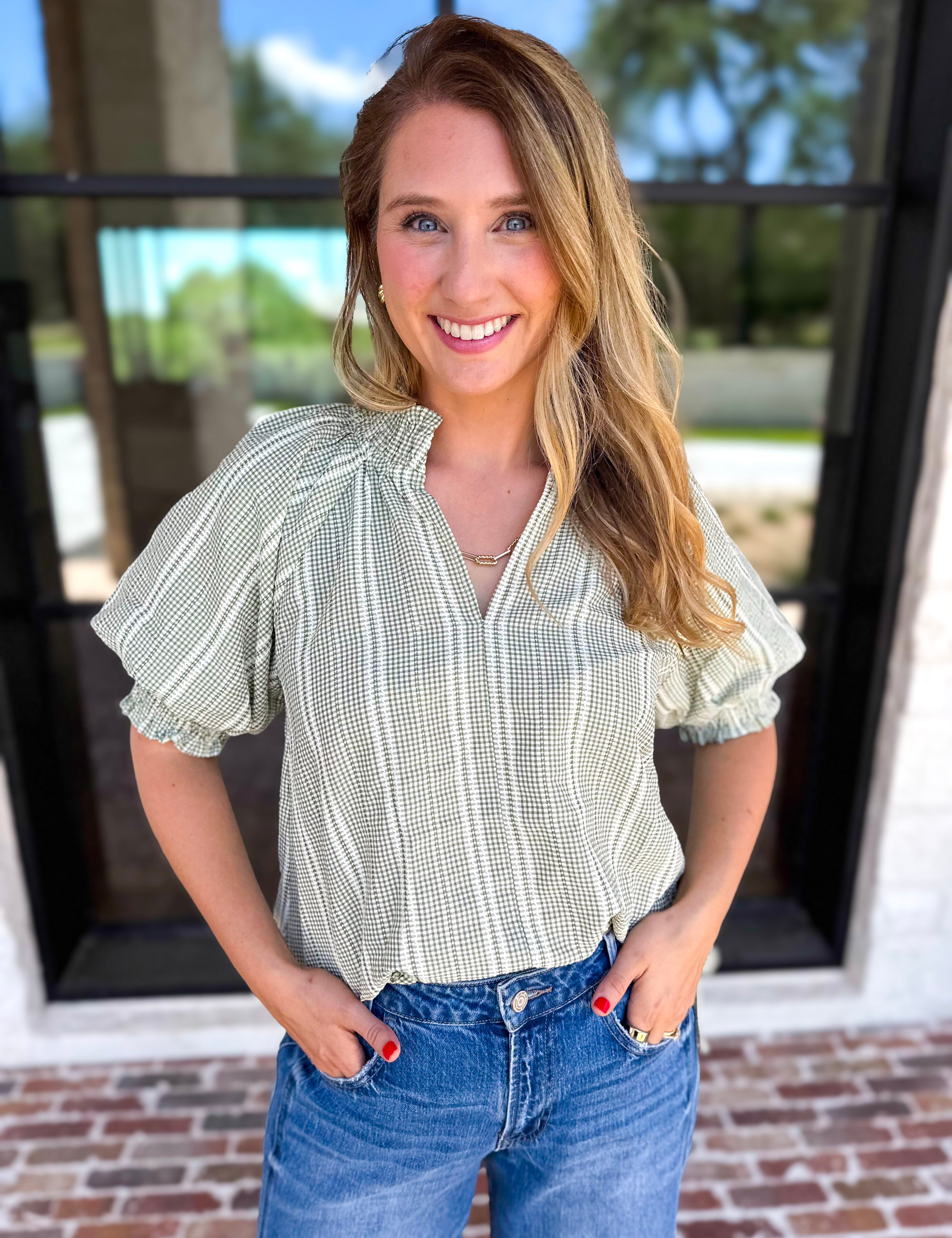 Sage Picnic Blouse-200 Fashion Blouses-JODIFL-July & June Women's Fashion Boutique Located in San Antonio, Texas