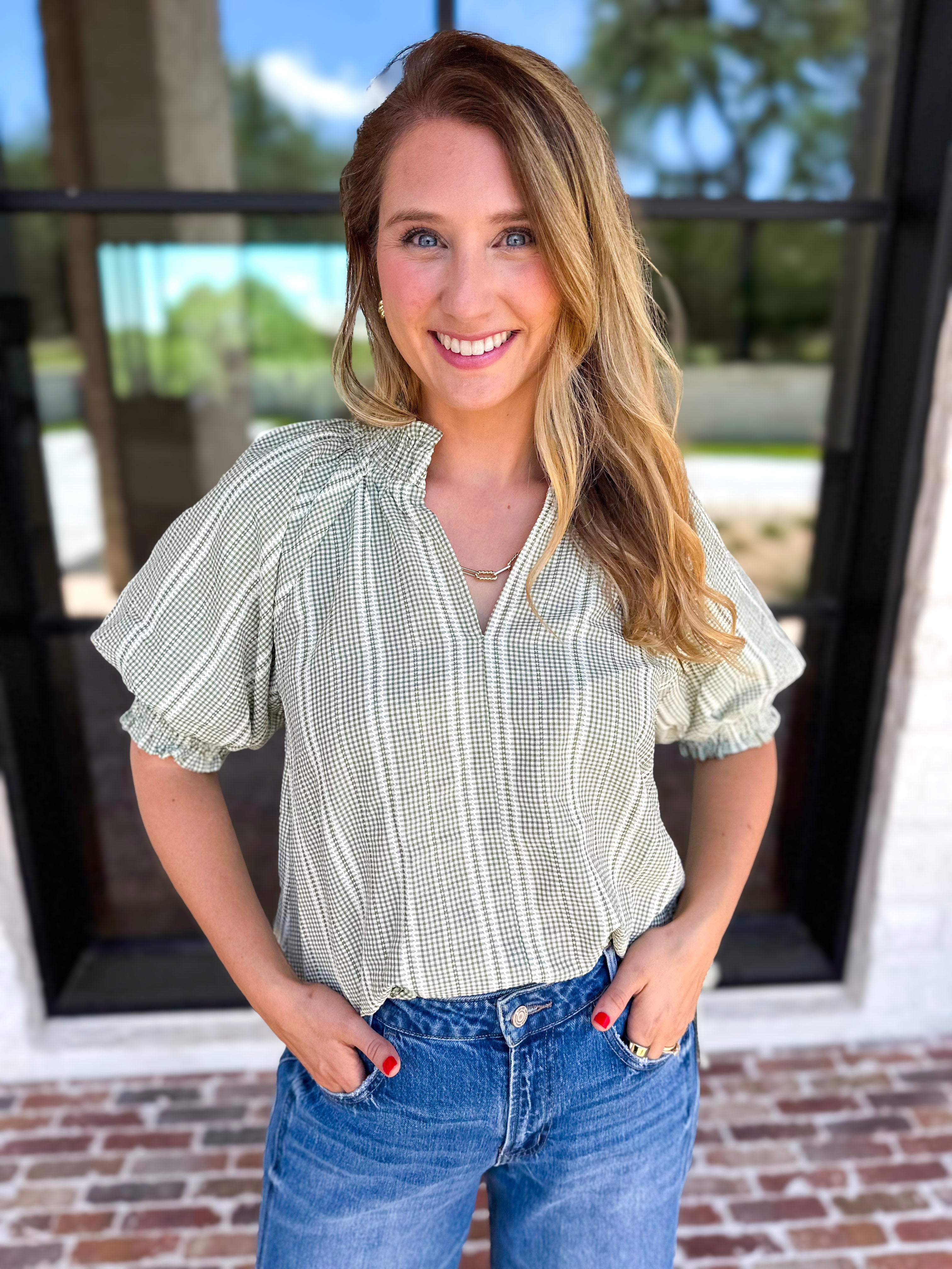 Sage Picnic Blouse-200 Fashion Blouses-JODIFL-July & June Women's Fashion Boutique Located in San Antonio, Texas