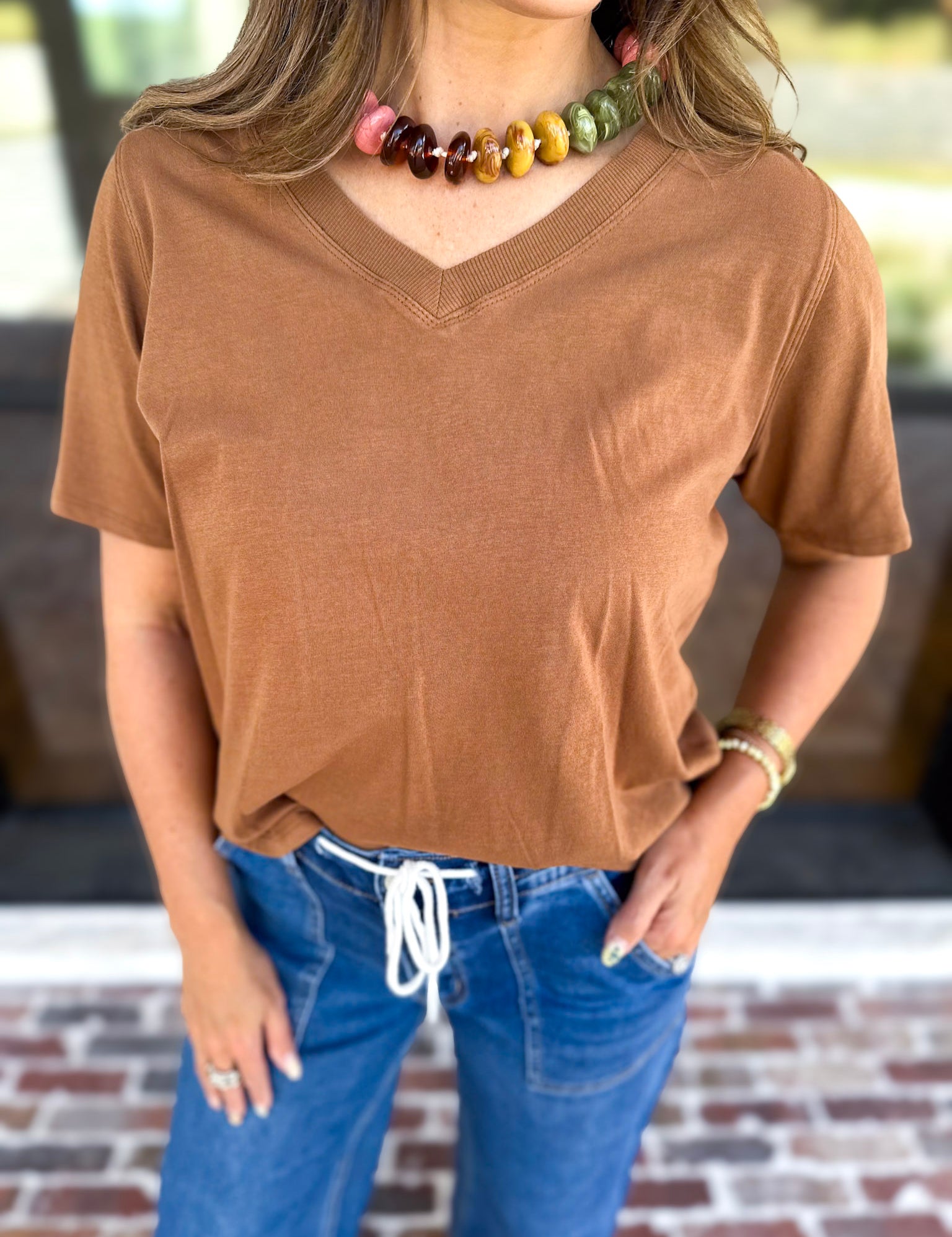Everyday Essential V-Neck Tee - Honey-210 Casual Blouses-MONO B-July & June Women's Fashion Boutique Located in San Antonio, Texas