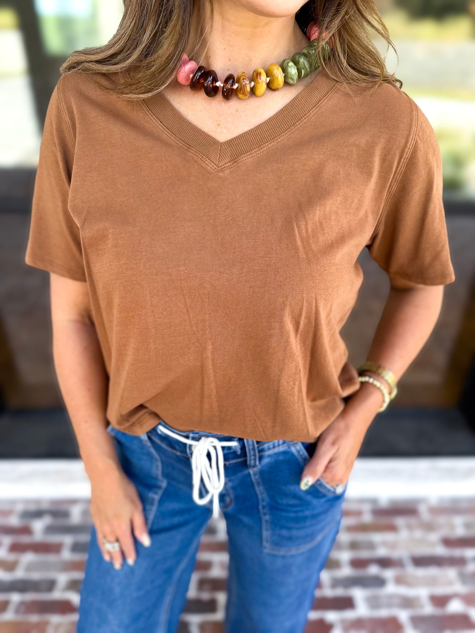 Everyday Essential V-Neck Tee - Honey-210 Casual Blouses-MONO B-July & June Women's Fashion Boutique Located in San Antonio, Texas