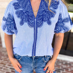 THML - Classic Blue Embroidered Blouse-200 Fashion Blouses-THML-July & June Women's Fashion Boutique Located in San Antonio, Texas