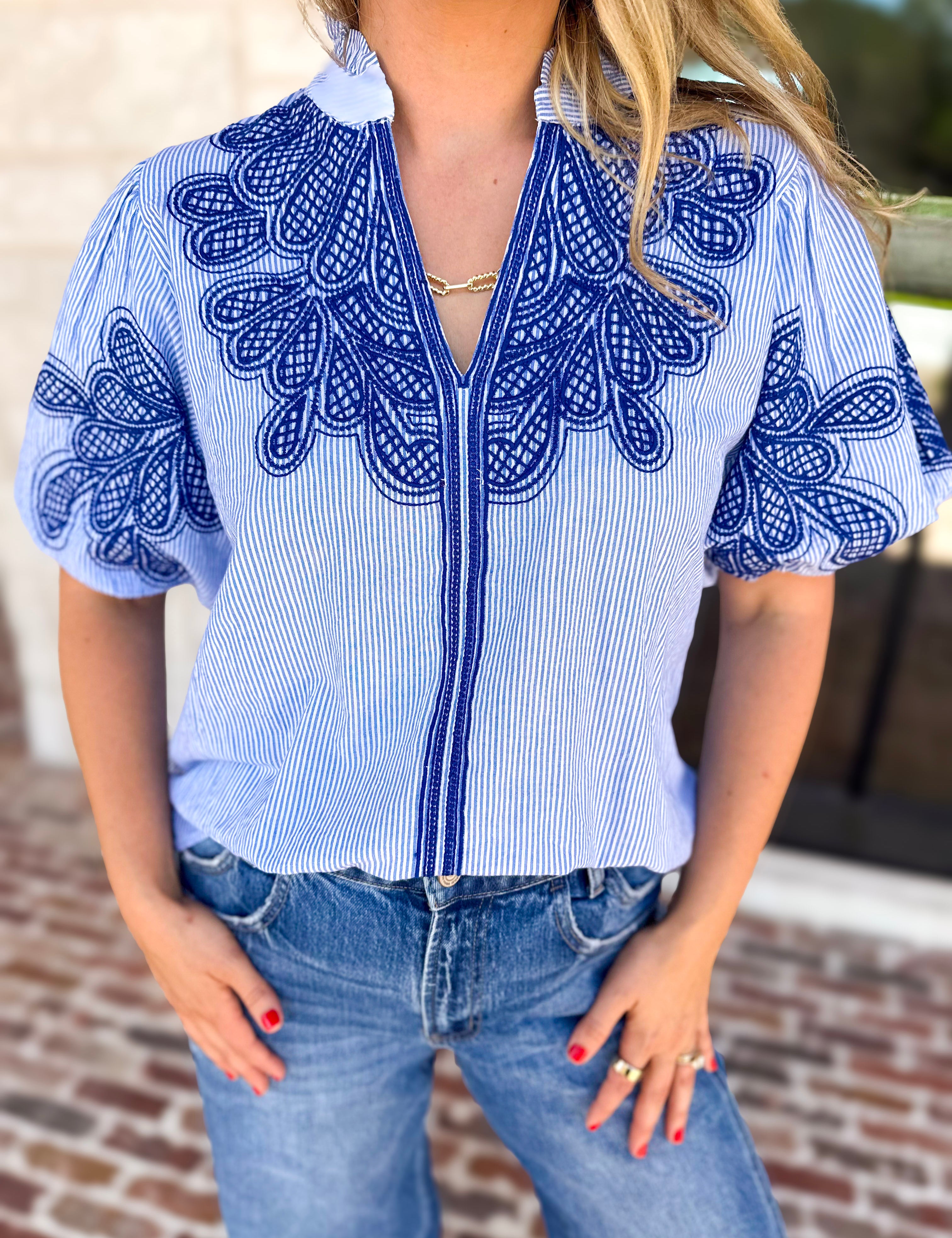 THML - Classic Blue Embroidered Blouse-200 Fashion Blouses-THML-July & June Women's Fashion Boutique Located in San Antonio, Texas