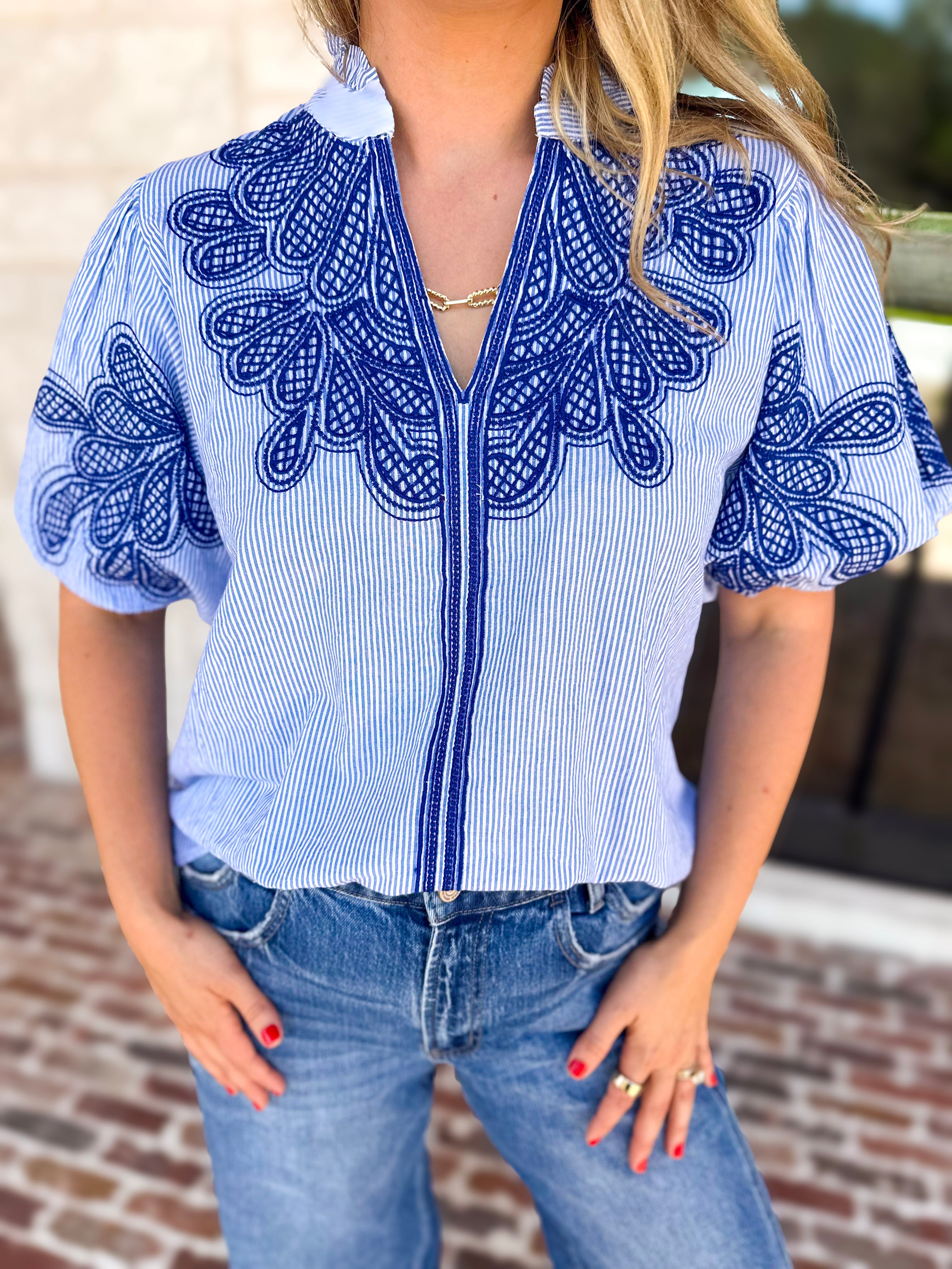 THML - Classic Blue Embroidered Blouse-200 Fashion Blouses-THML-July & June Women's Fashion Boutique Located in San Antonio, Texas