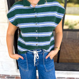 Green & Blue Varsity Short Sleeve Cardigan-230 Sweaters/Cardis-ENTRO-July & June Women's Fashion Boutique Located in San Antonio, Texas