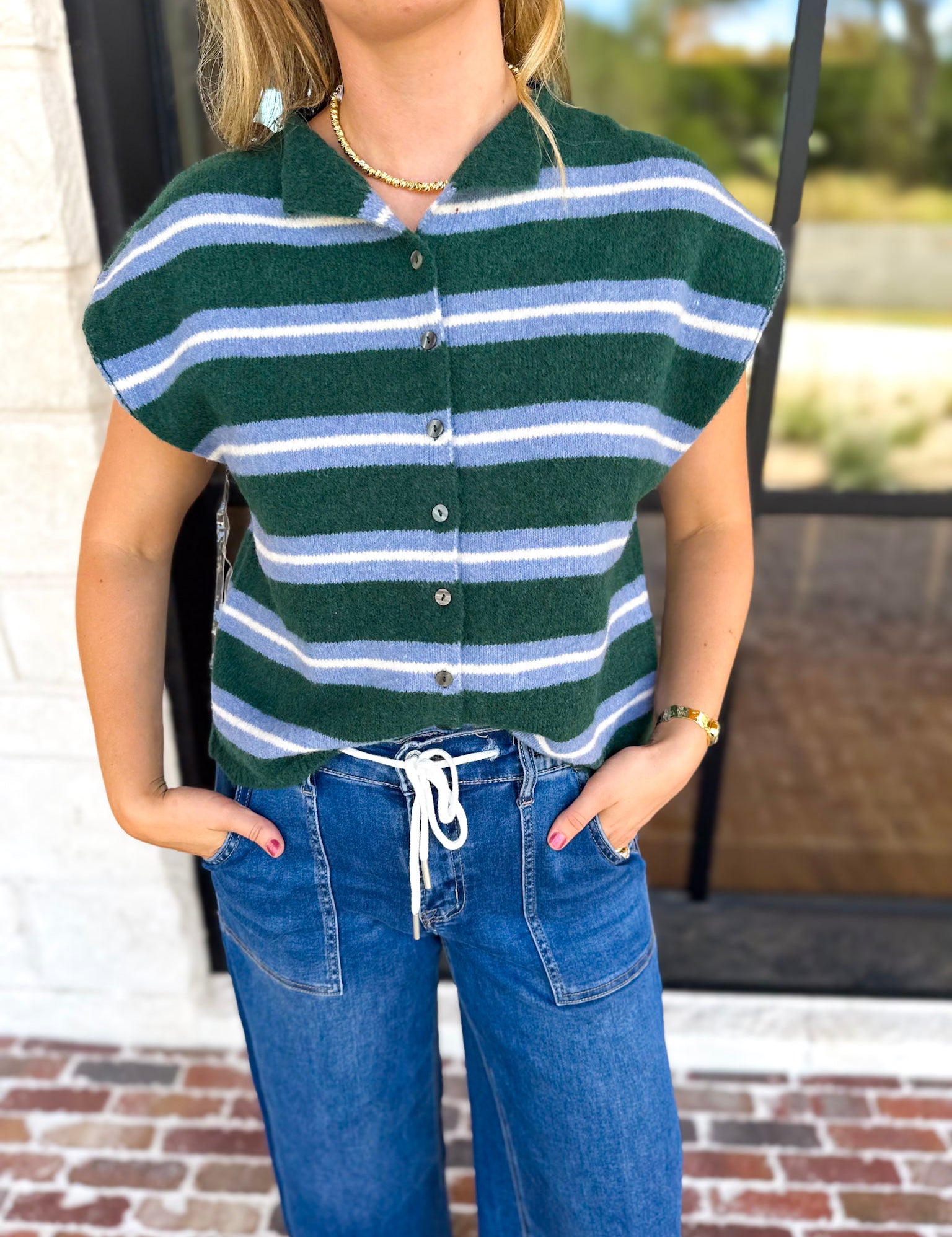 Green & Blue Varsity Short Sleeve Cardigan-230 Sweaters/Cardis-ENTRO-July & June Women's Fashion Boutique Located in San Antonio, Texas