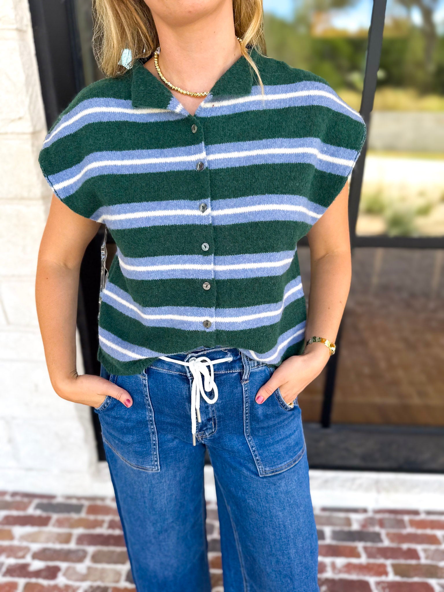 Green & Blue Varsity Short Sleeve Cardigan-230 Sweaters/Cardis-ENTRO-July & June Women's Fashion Boutique Located in San Antonio, Texas