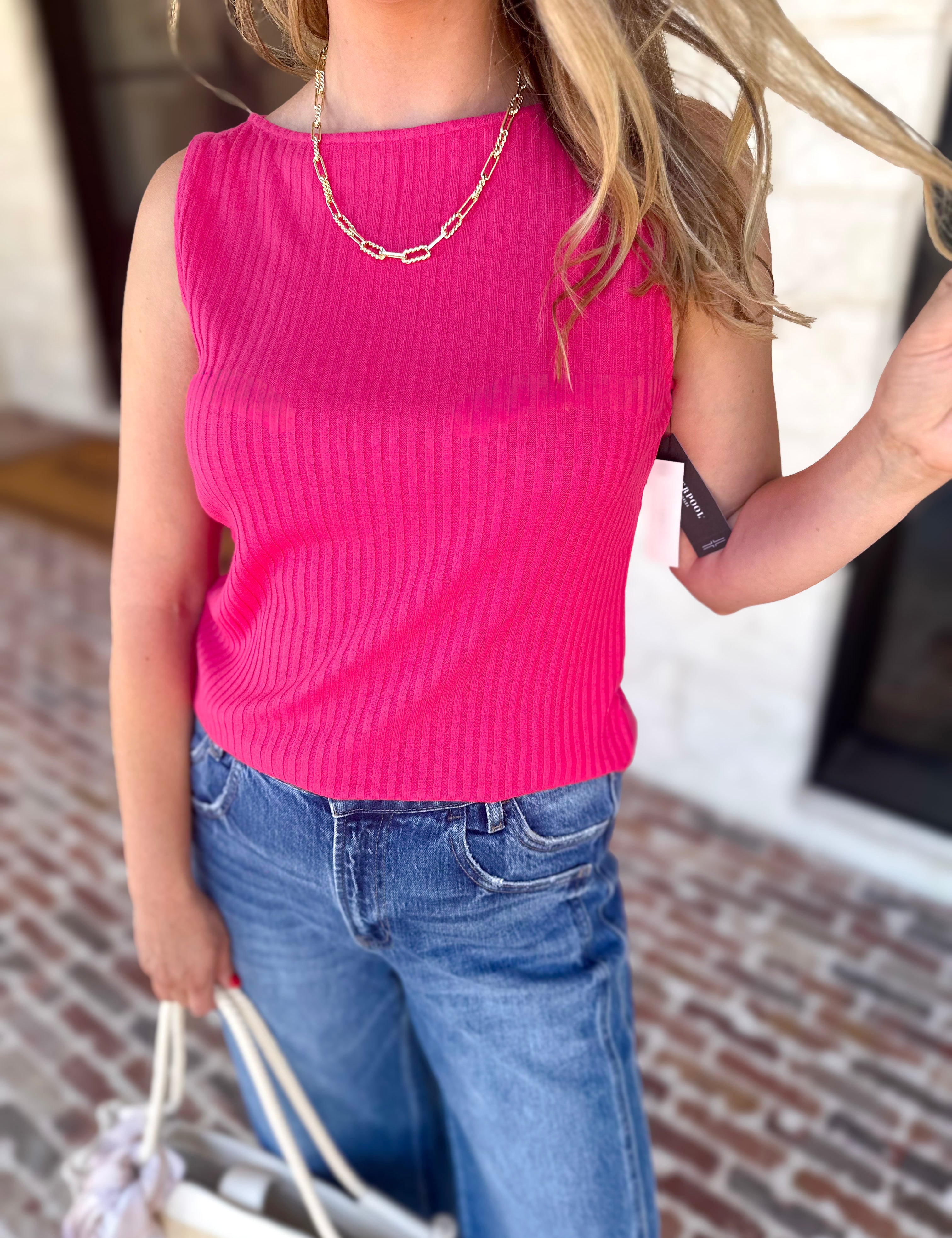 Liverpool - Hot Pink Boatneck Knit Top-200 Fashion Blouses-LIVERPOOL JEANS COMPANY-July & June Women's Fashion Boutique Located in San Antonio, Texas